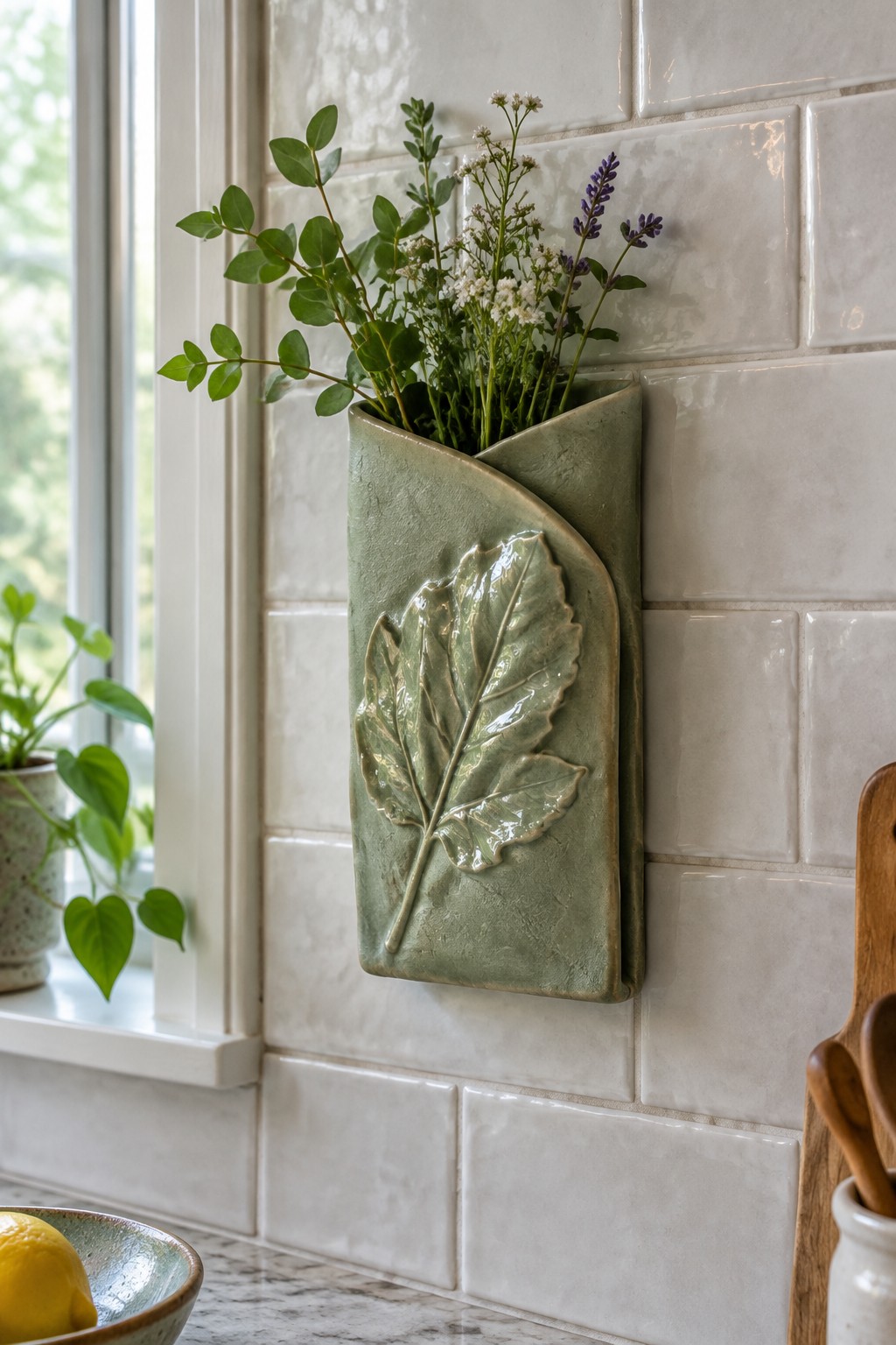 Green ceramic leaf vase with wildflowers on white kitchen tile wall