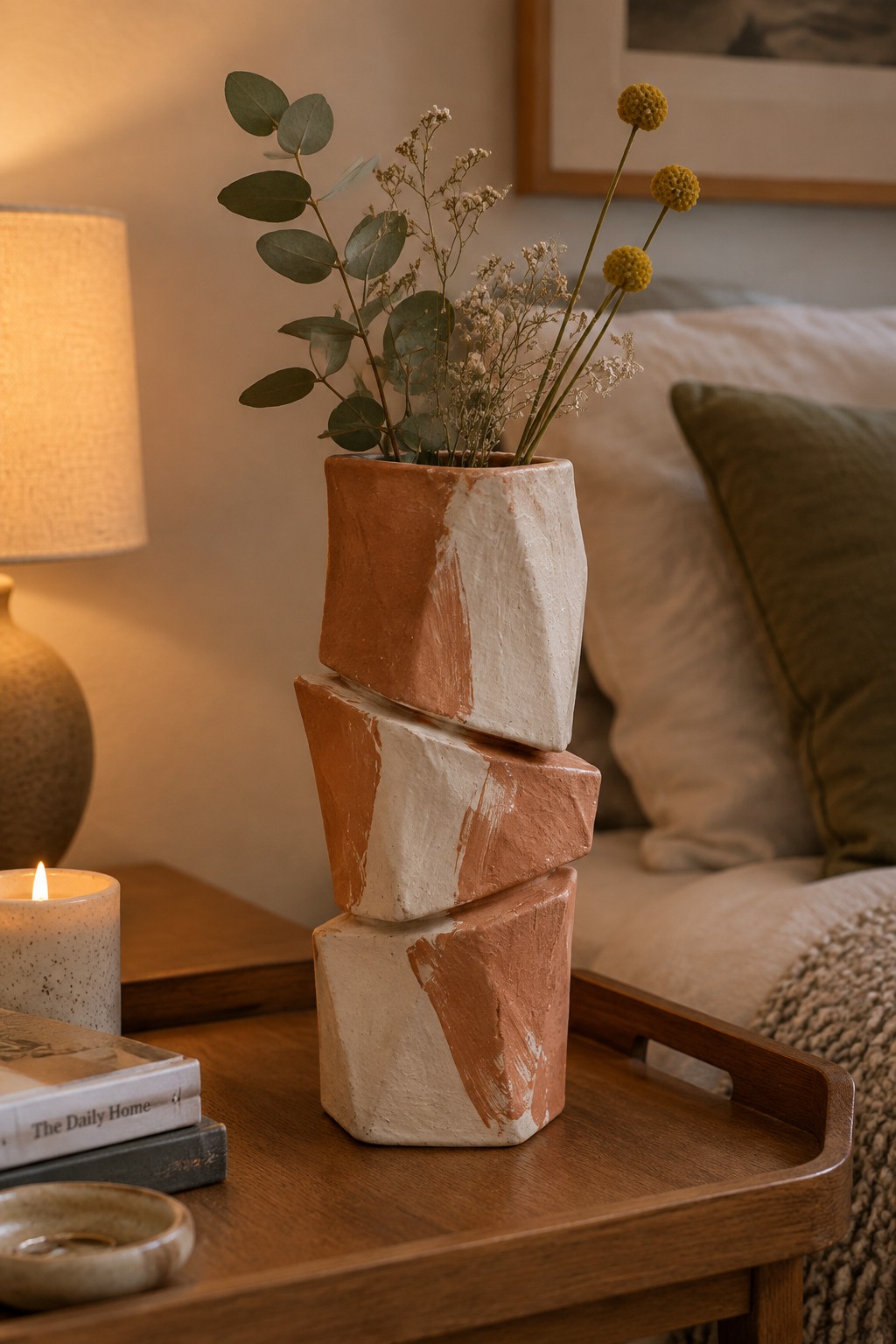 Stacked geometric vase in terracotta and white with dried flowers on wooden tray