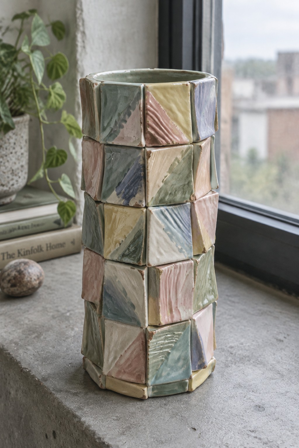 Colorful tiled ceramic vase on windowsill beside plant and stacked books