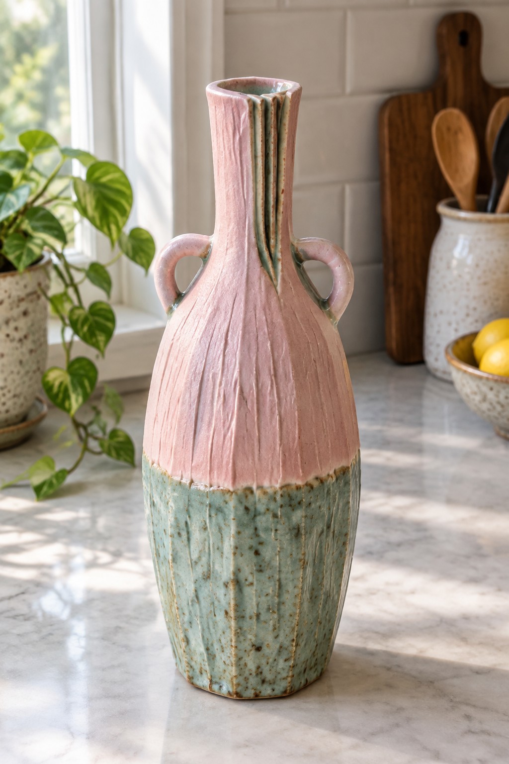 Pink and teal textured ceramic vase with handles on marble countertop