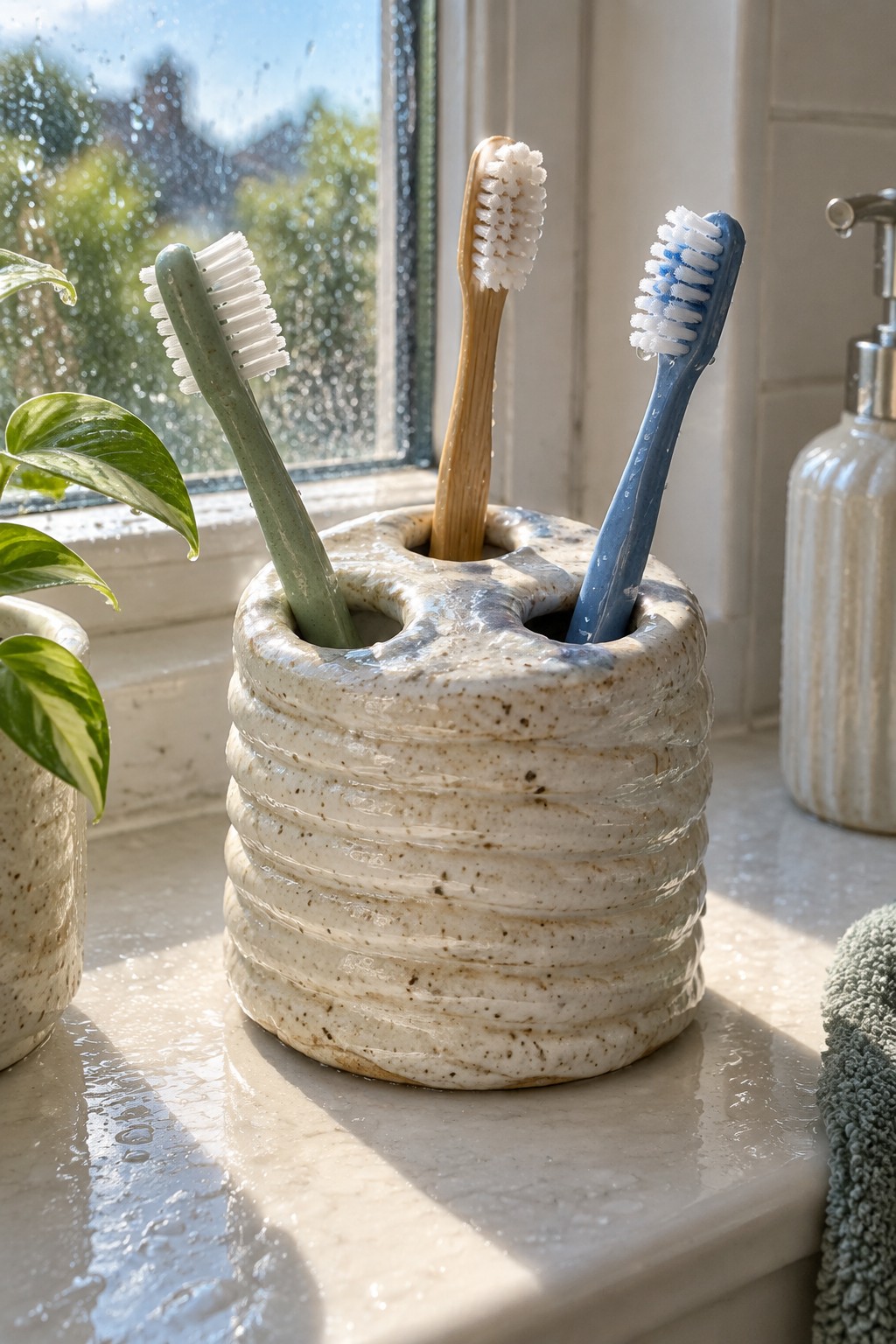 Three wet toothbrushes in a speckled ceramic holder on a rainy windowsill