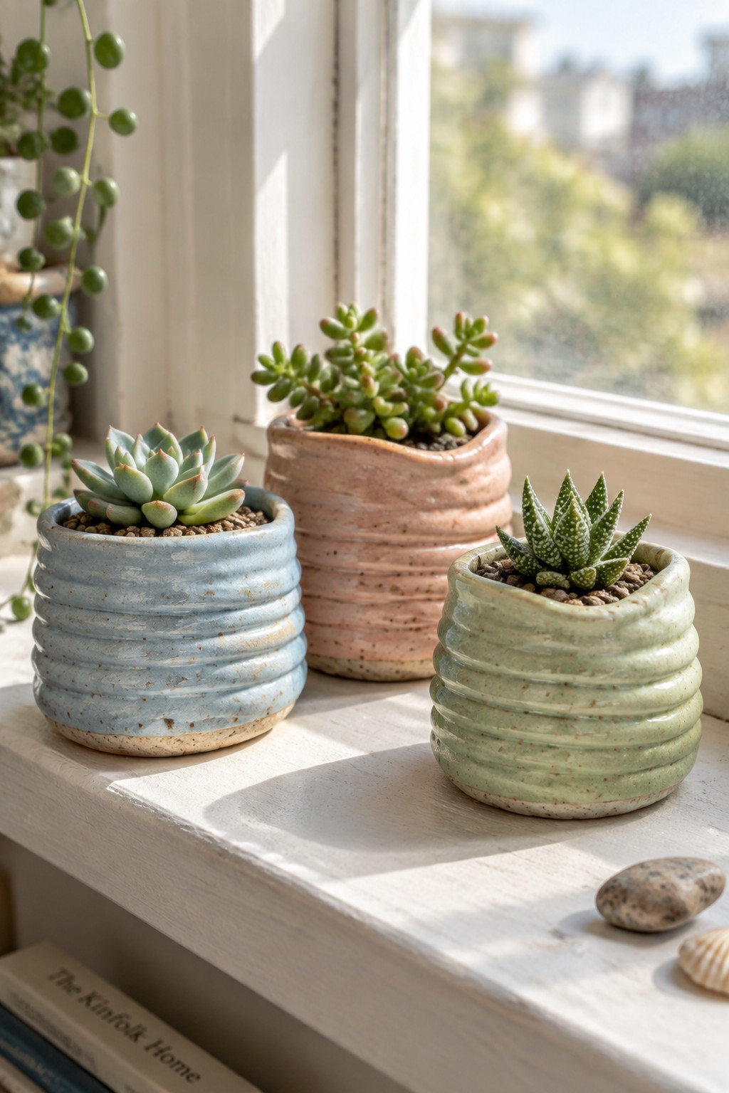 Three succulents in ribbed blue, pink, and green pots on sunny windowsill.