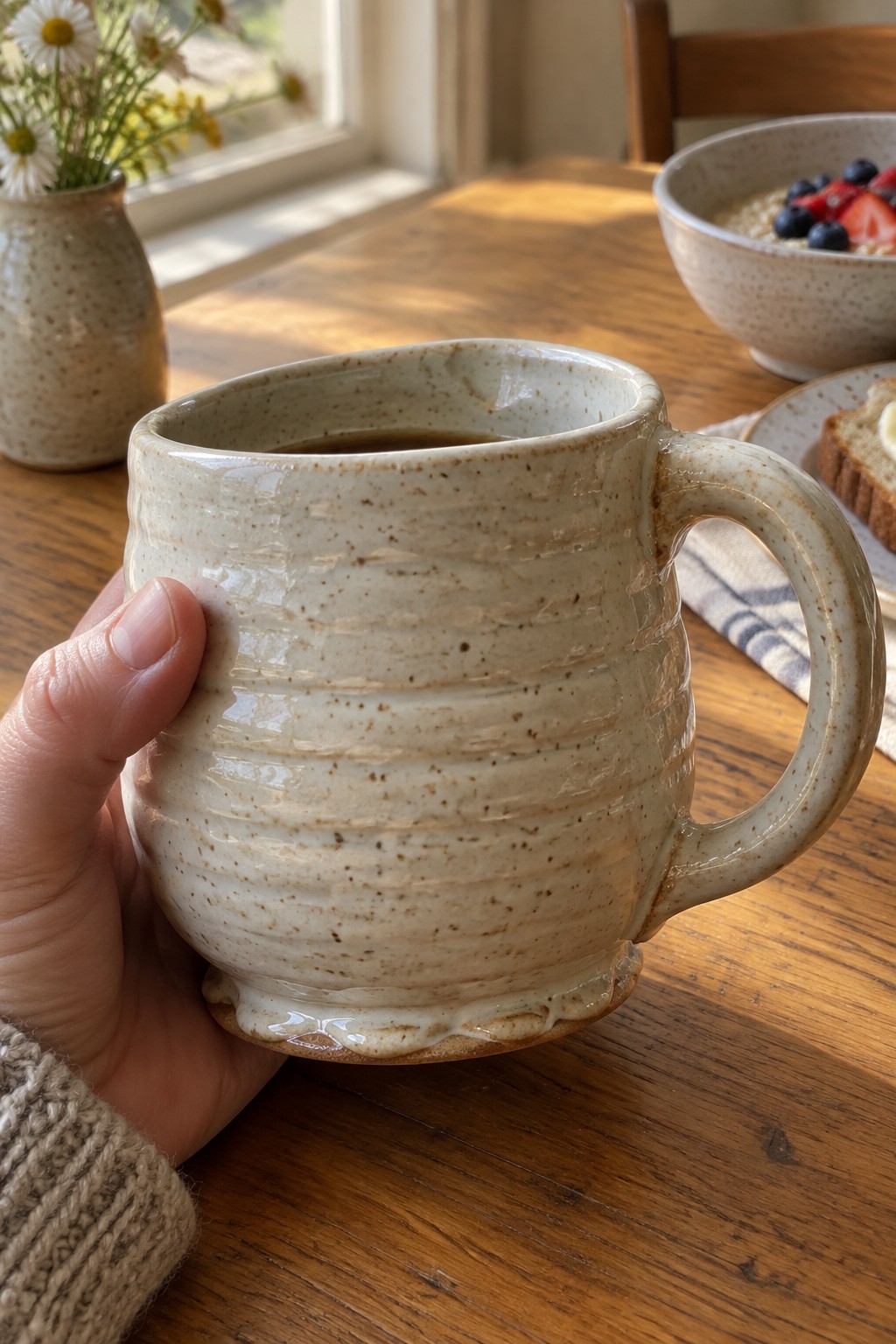 Hand in beige knit sweater holding speckled ceramic mug on sunlit wooden table