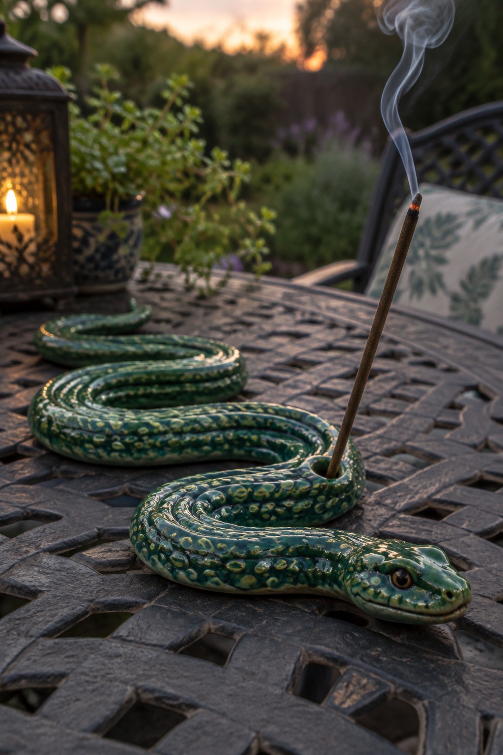Green ceramic snake incense holder with burning stick on metal garden table at dusk