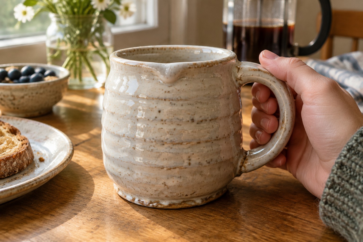 Hand in beige knit sweater holding speckled ceramic mug on sunlit wooden table