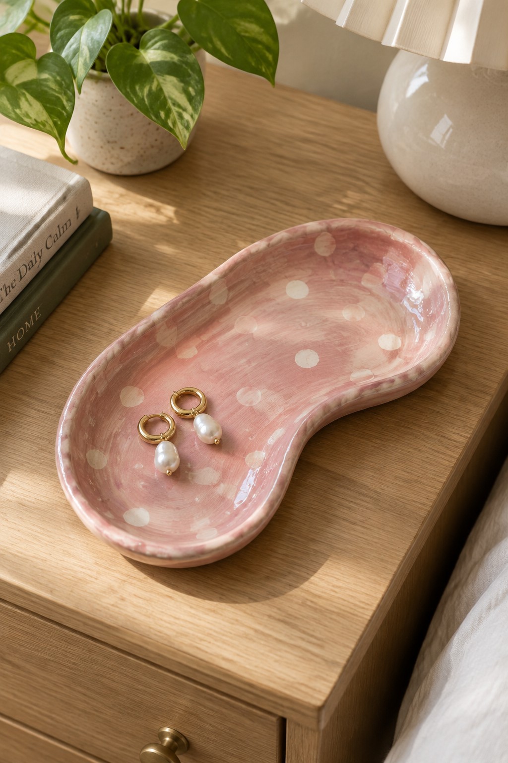Pink polka dot ceramic tray with pearl earrings on wooden nightstand with books and plant