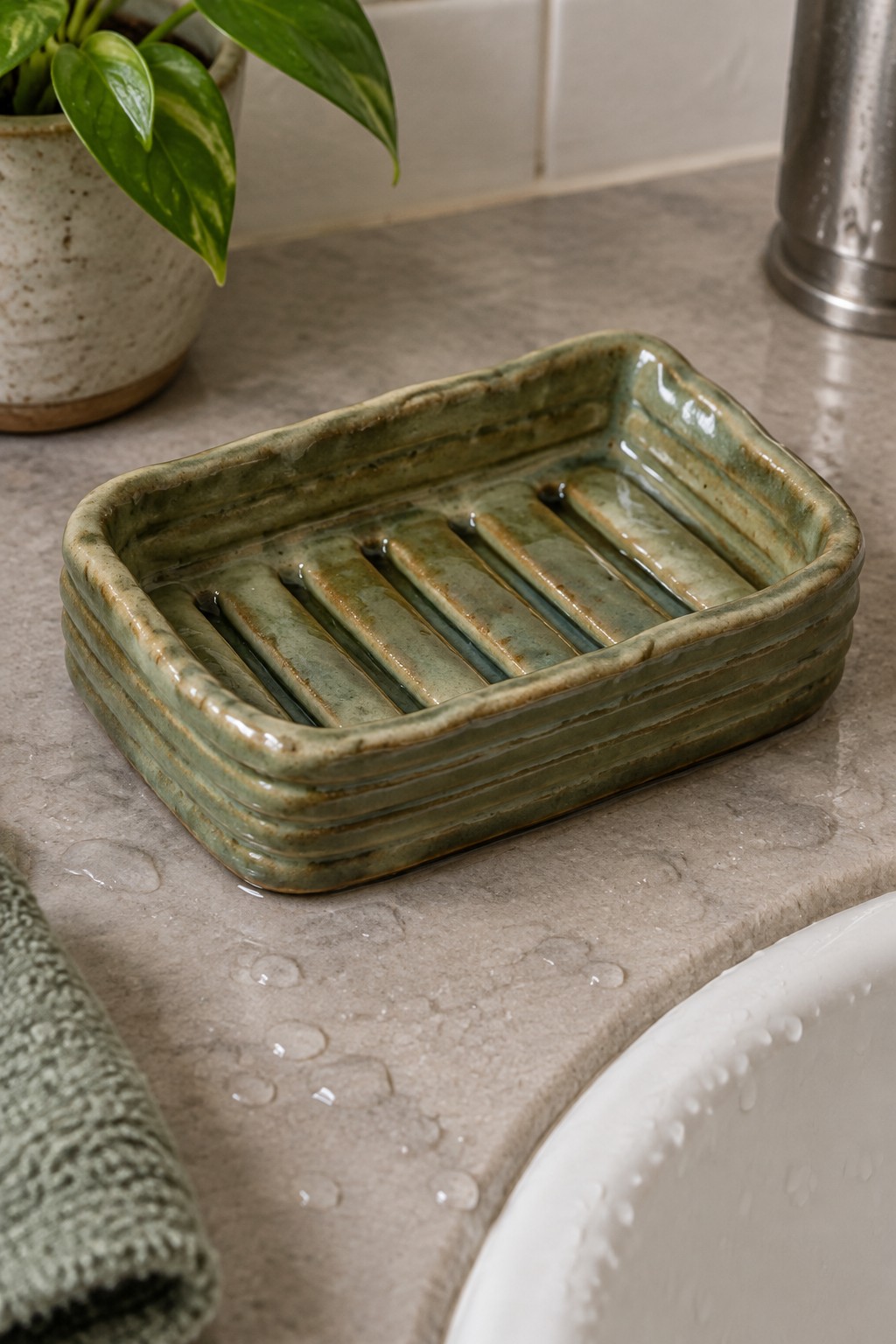 Green ceramic soap dish with ridges on wet marble bathroom counter