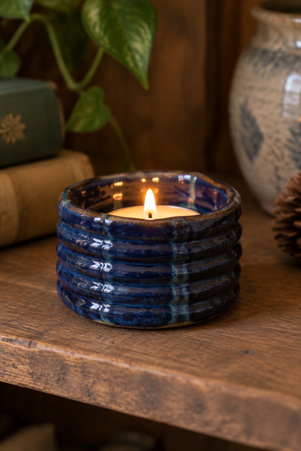 Lit candle in blue ribbed ceramic holder on rustic wooden table with books