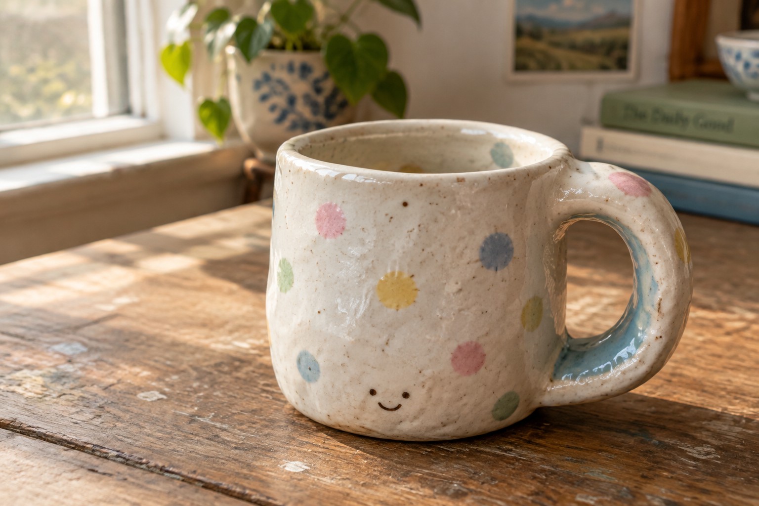 Colorful polka-dotted ceramic mug with smiley face on sunlit wooden table