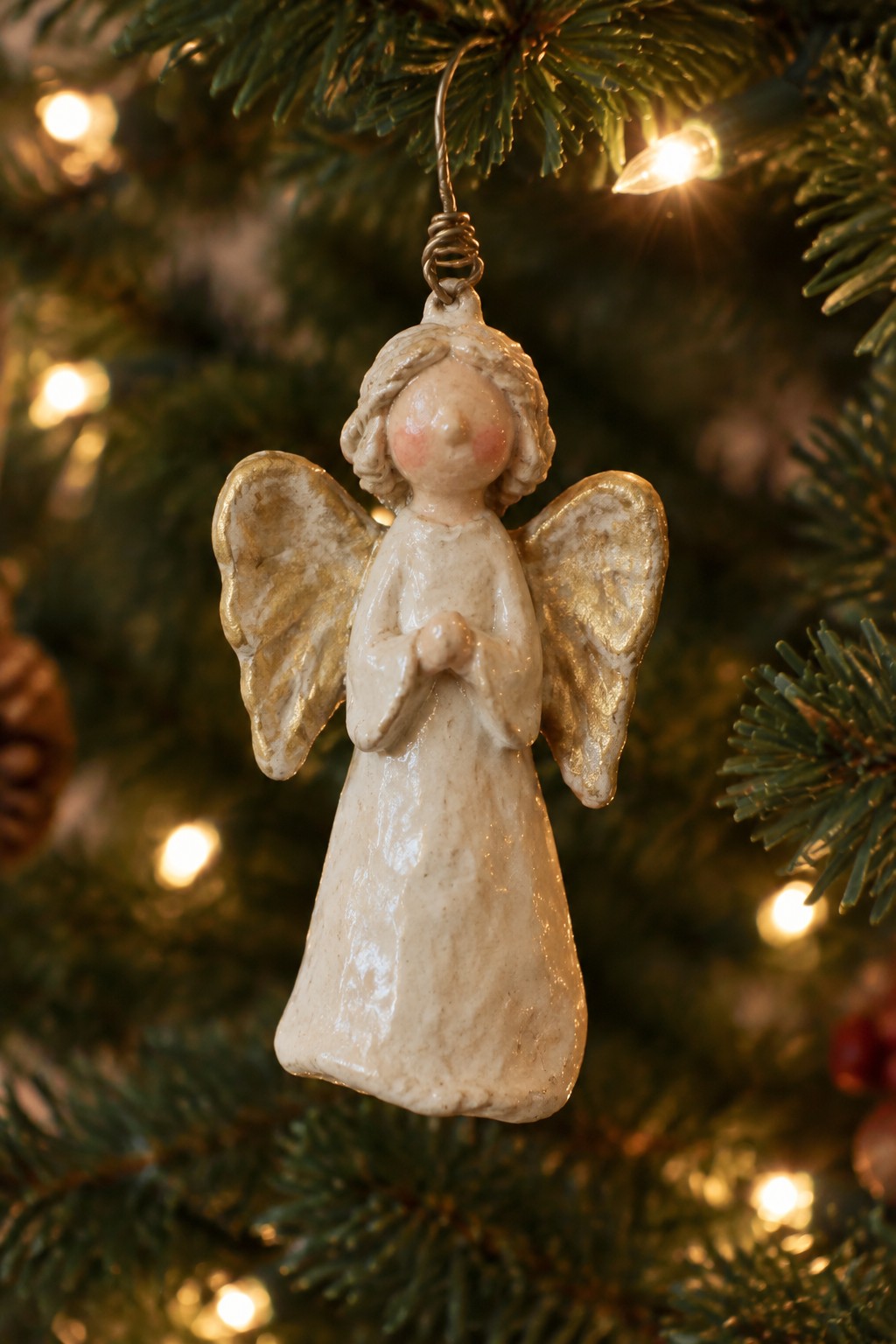 White ceramic angel ornament with gold wings on a lit Christmas tree.