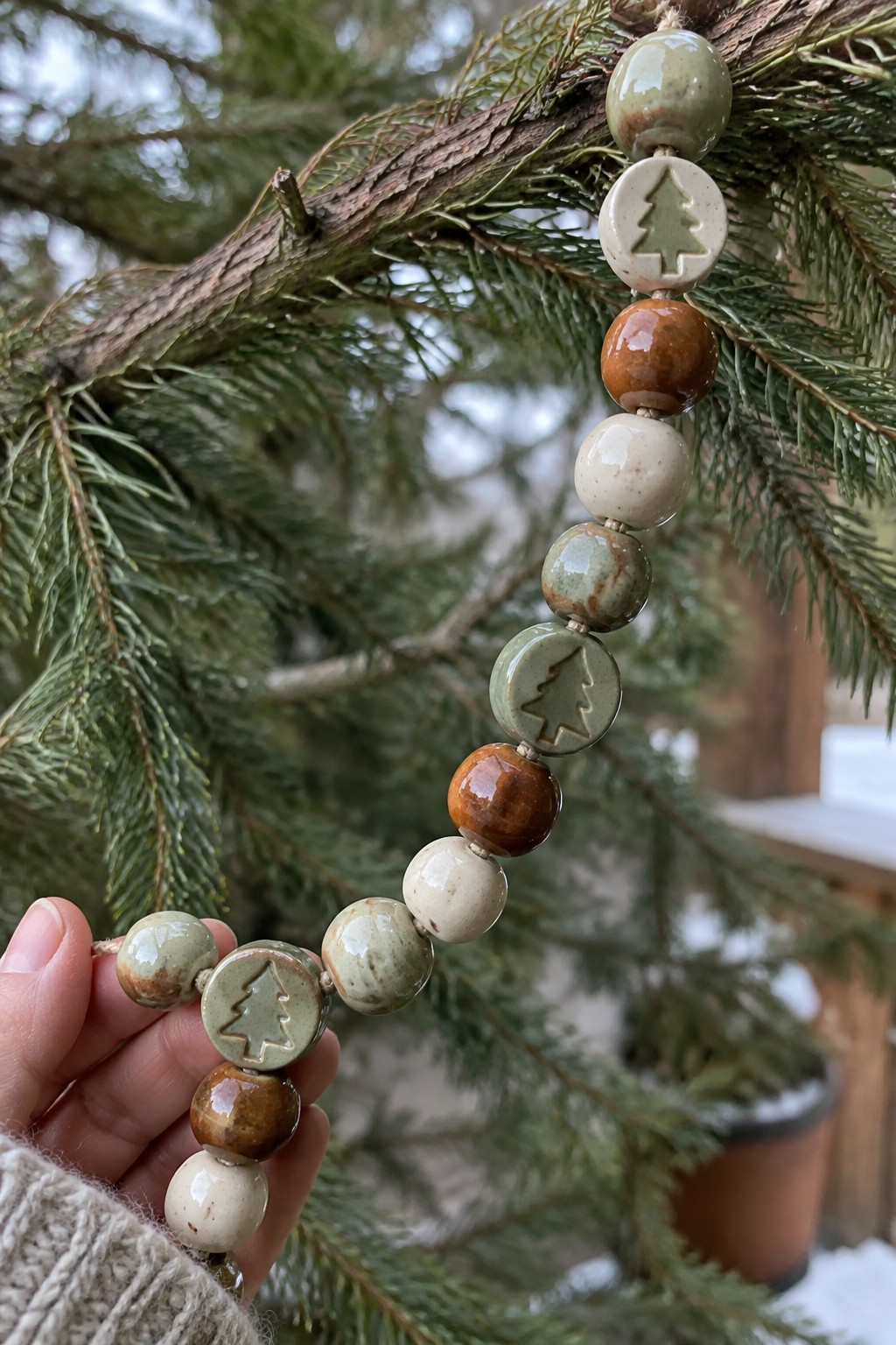 Hand holds ceramic beads with tree designs on snowy evergreen branch