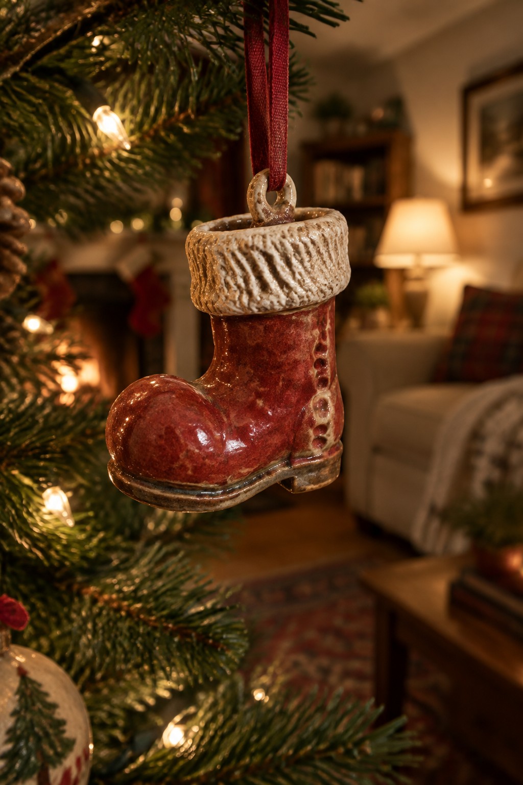 Red ceramic boot ornament with white cuff hanging from Christmas tree