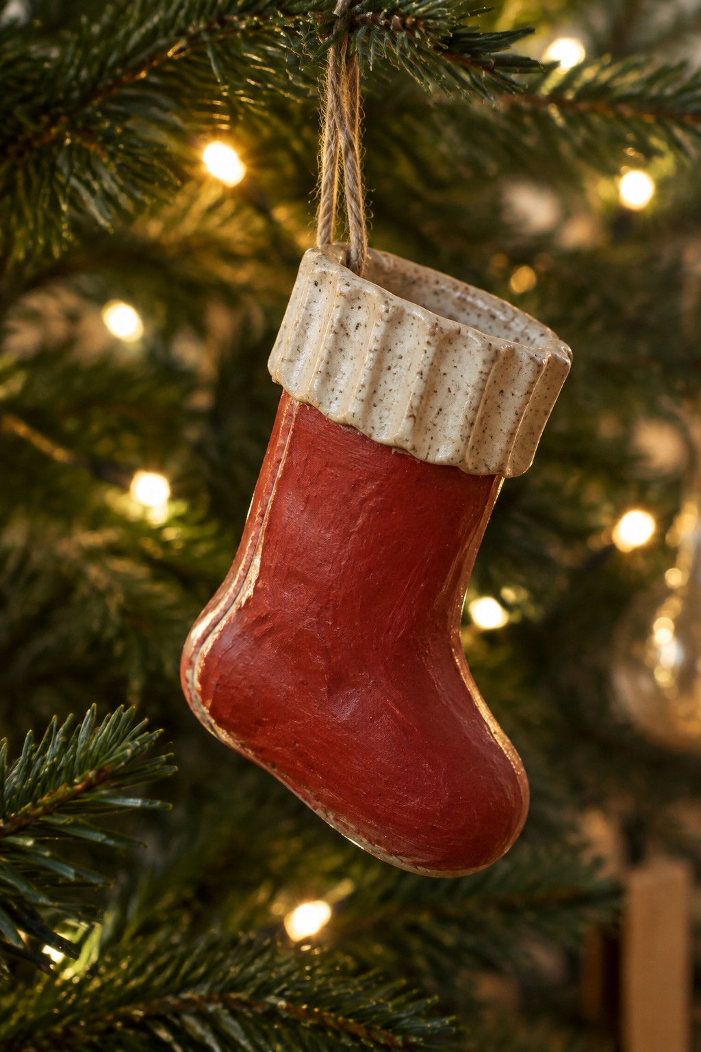 Red ceramic Christmas stocking ornament with white cuff hanging on pine tree branch