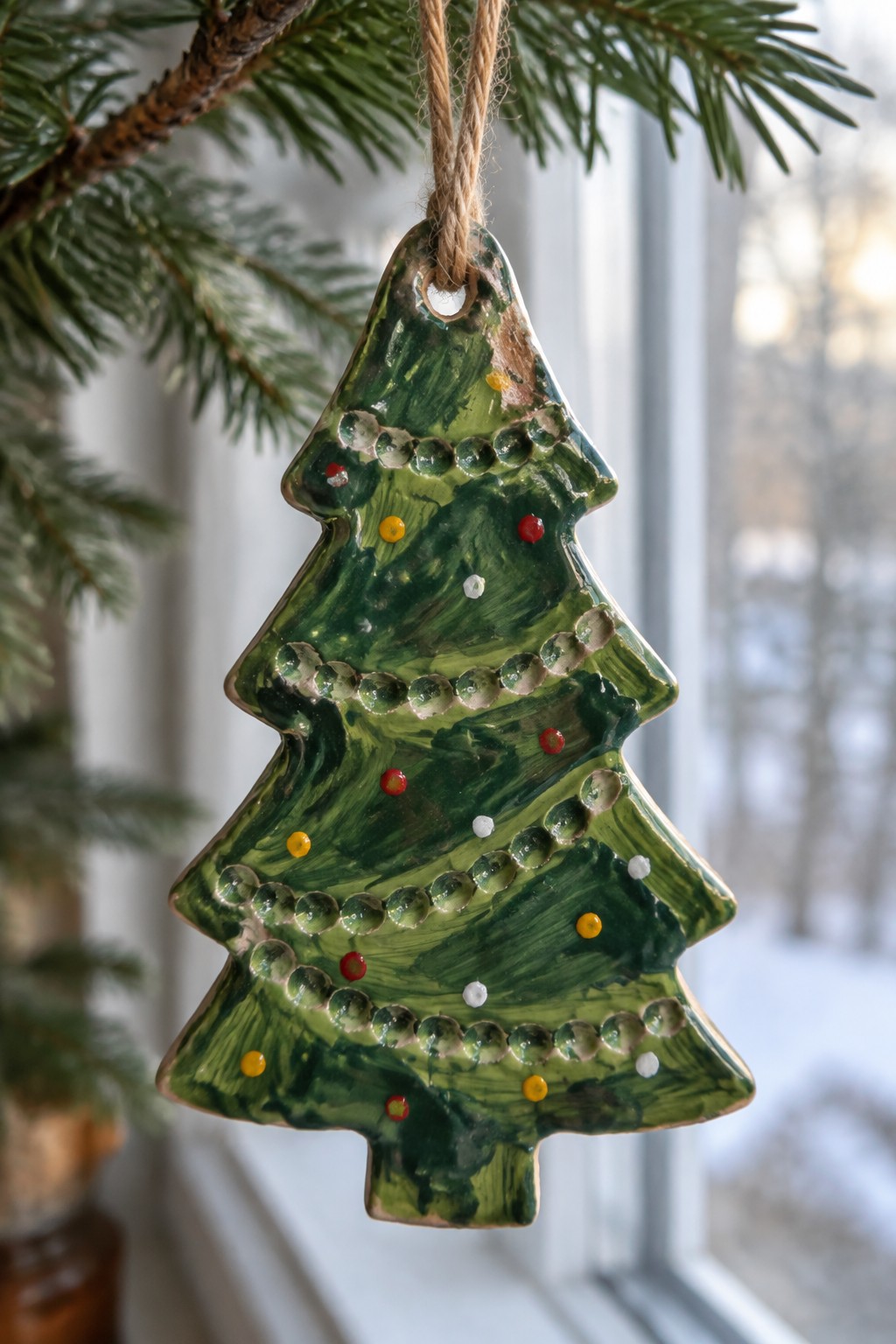 Green ceramic Christmas tree ornament with red, yellow, and white dots on twine