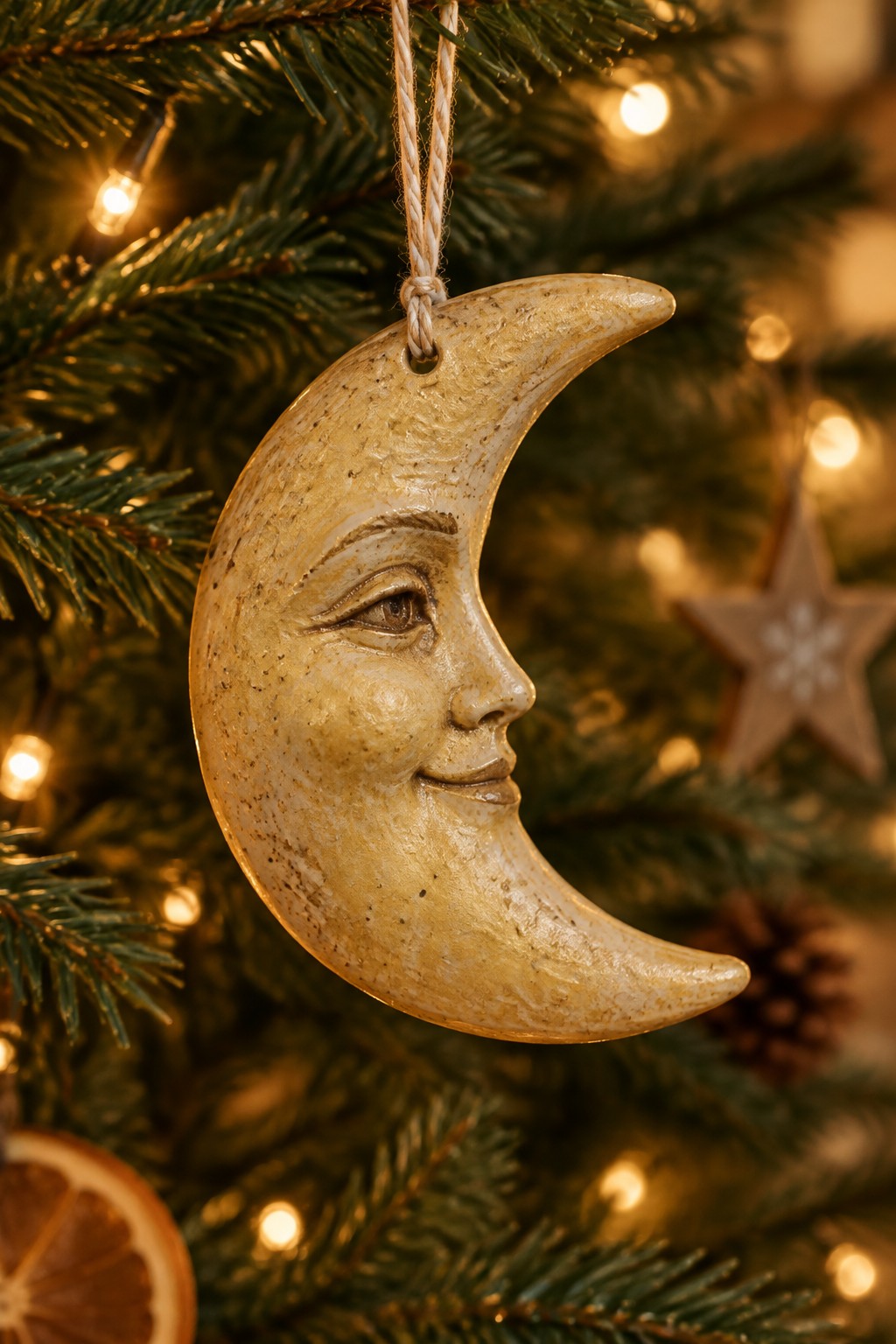 Crescent moon ornament with a smiling face on a lit Christmas tree