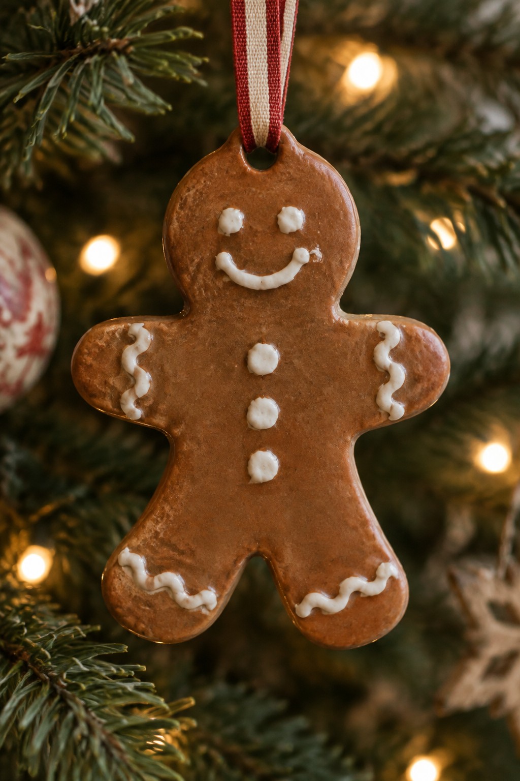 Gingerbread man cookie ornament with white icing face and buttons on tree