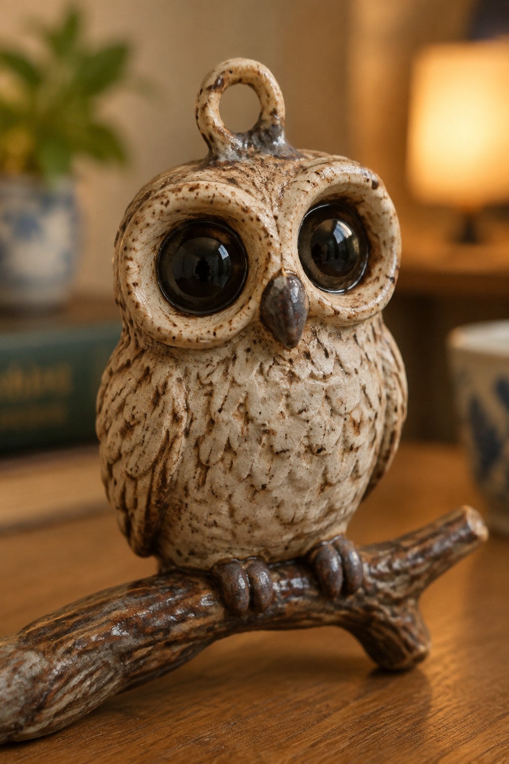Ceramic owl figurine with large glossy eyes on a wooden branch.