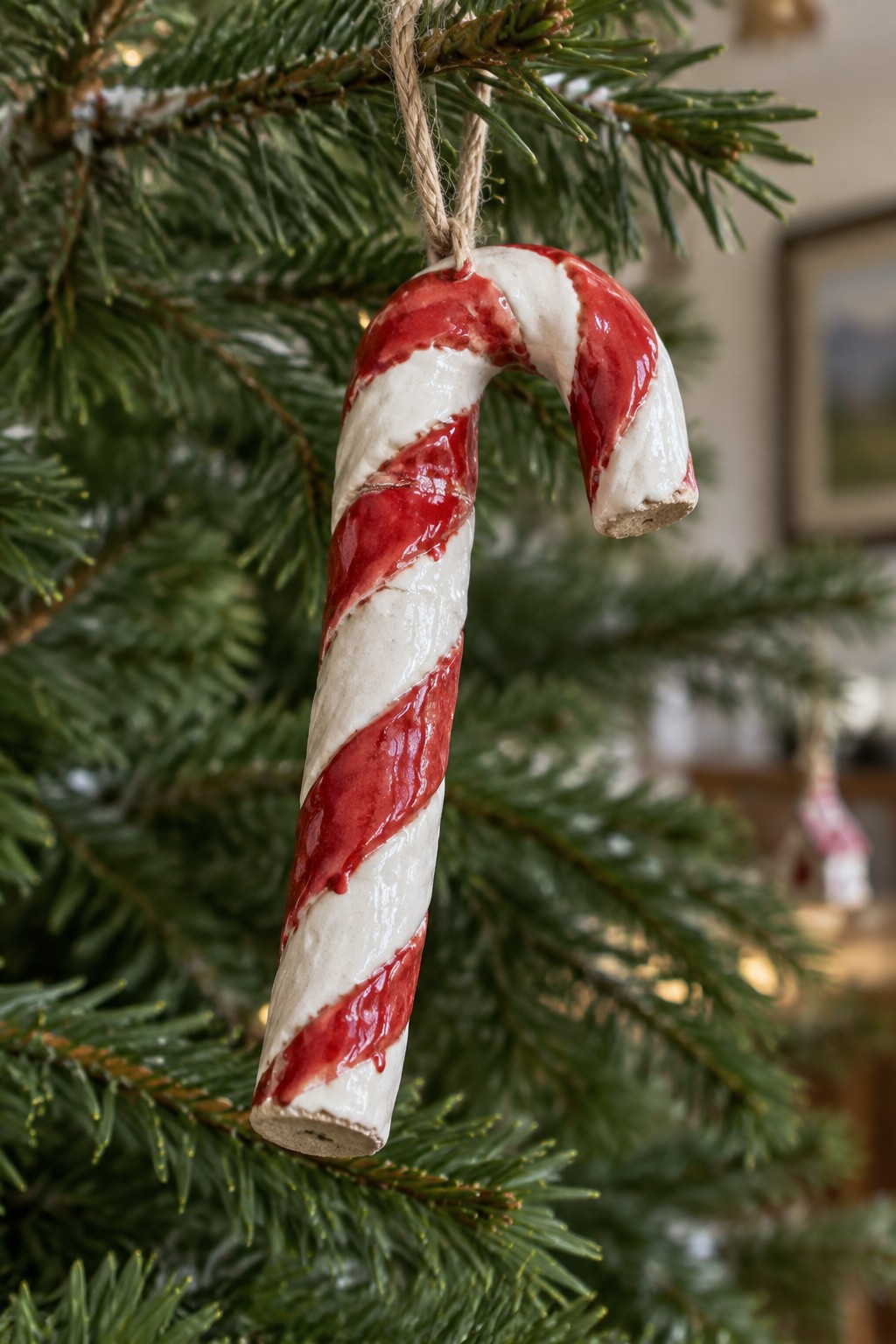 Red and white striped ceramic candy cane ornament hanging from Christmas tree branch.