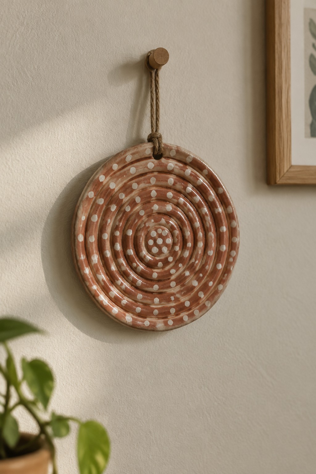 Round terracotta ceramic spiral with white dots hanging from twine on wooden peg