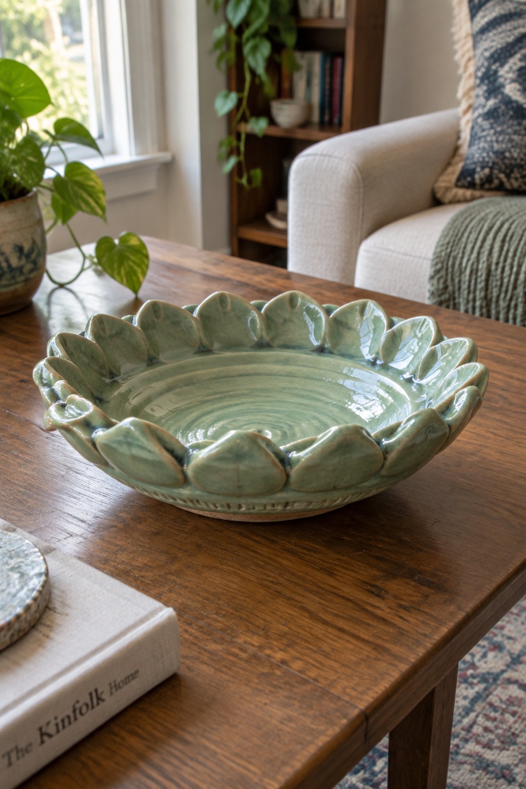 Green scalloped ceramic bowl on wooden table with book and houseplants