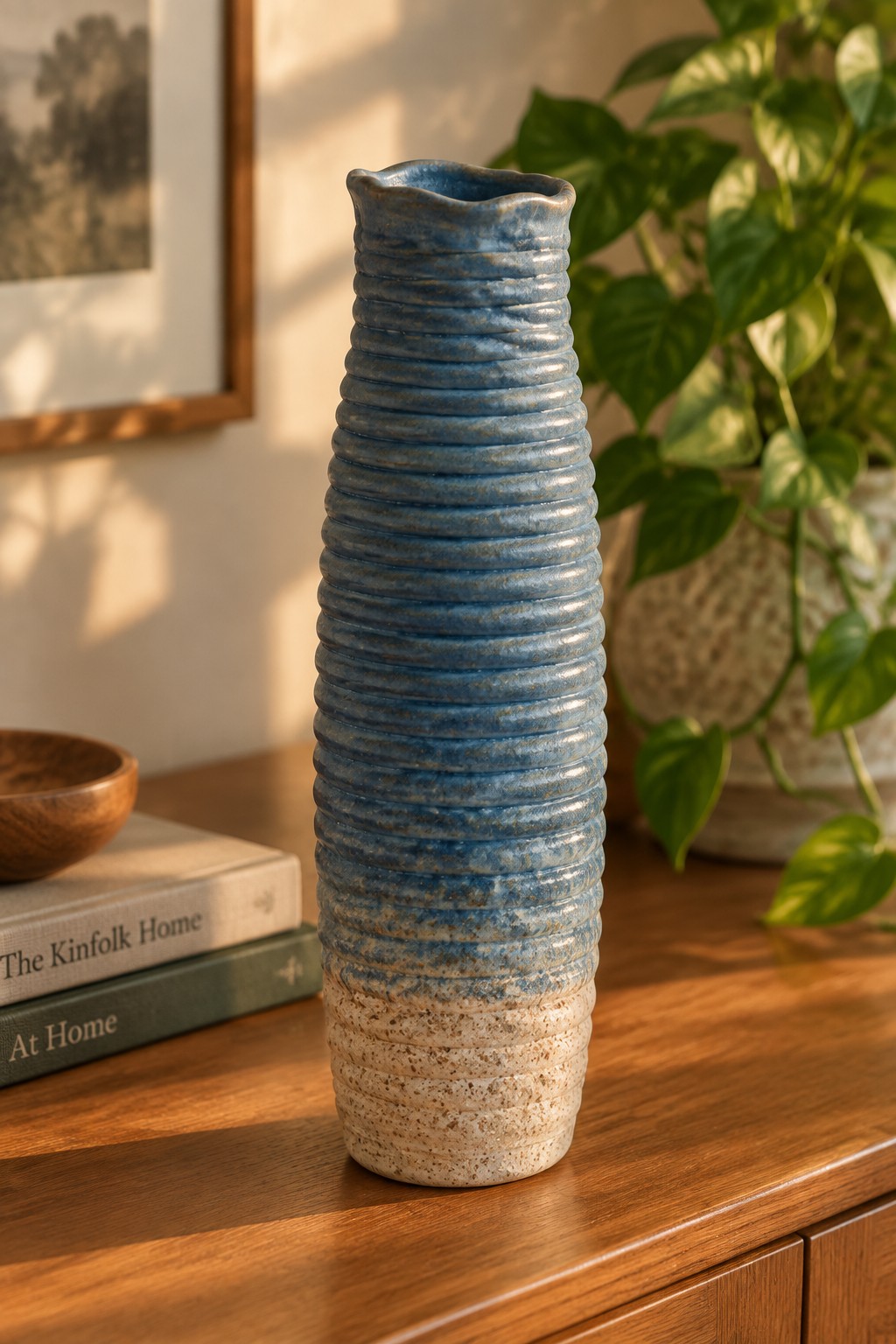 Ribbed blue ceramic vase on wooden table beside books and plant