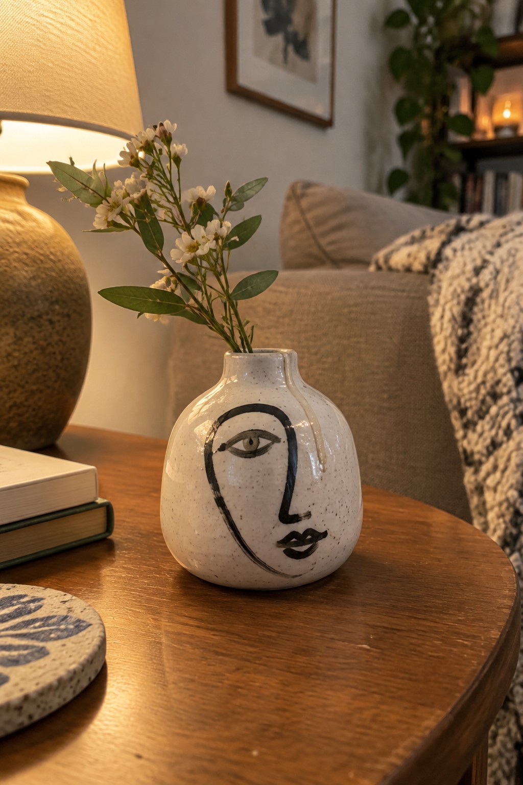 White speckled vase with abstract face drawing holding white flowers on wooden table