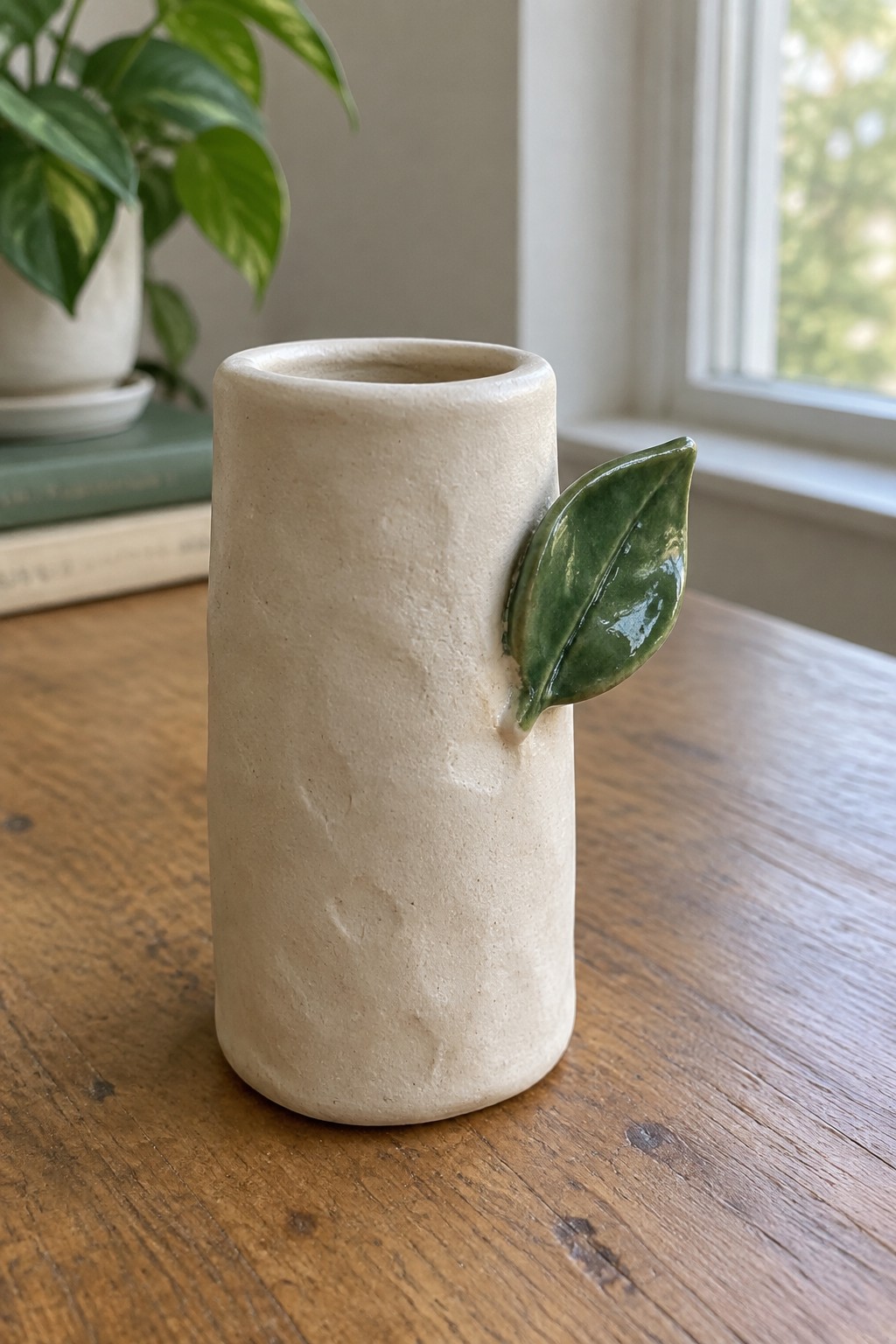 Beige textured ceramic vase with glossy green leaf on wooden table