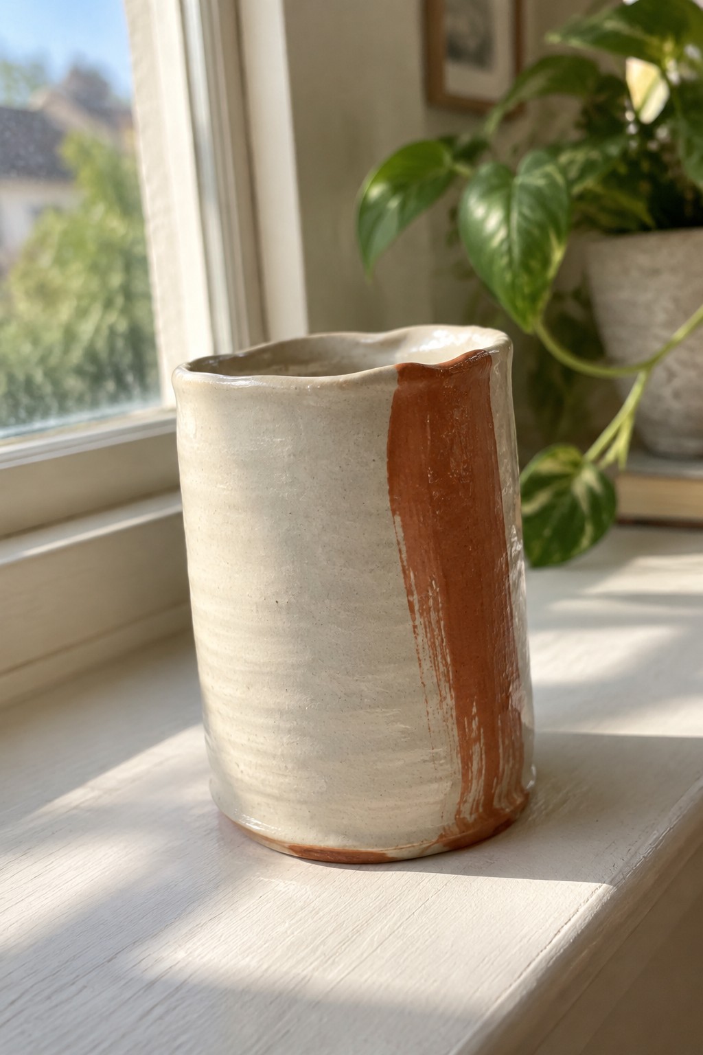 Creamy handmade ceramic pitcher with vertical rust glaze on sunlit white windowsill.
