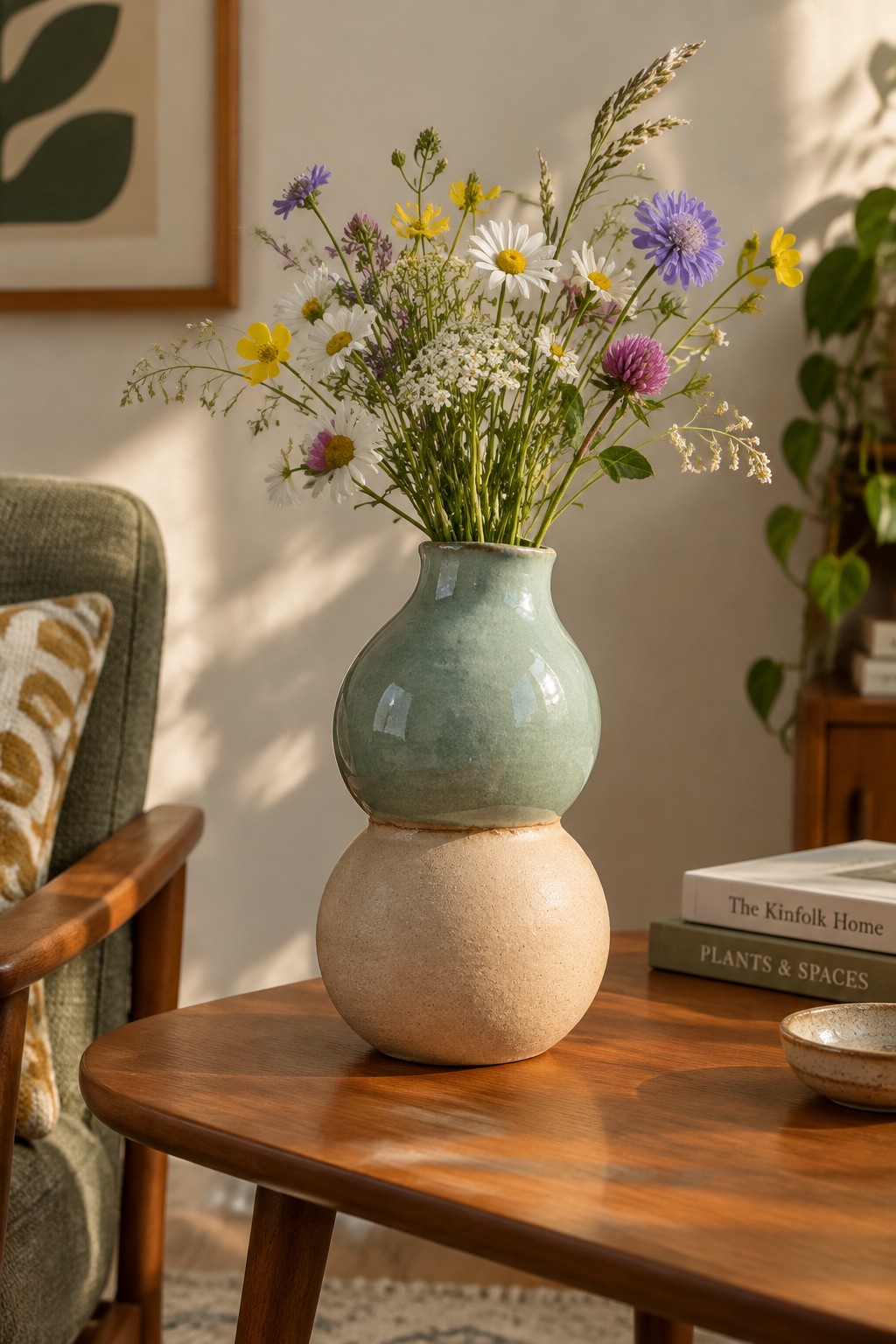 Double-bulb ceramic vase in teal and beige holding colorful wildflowers on wooden table