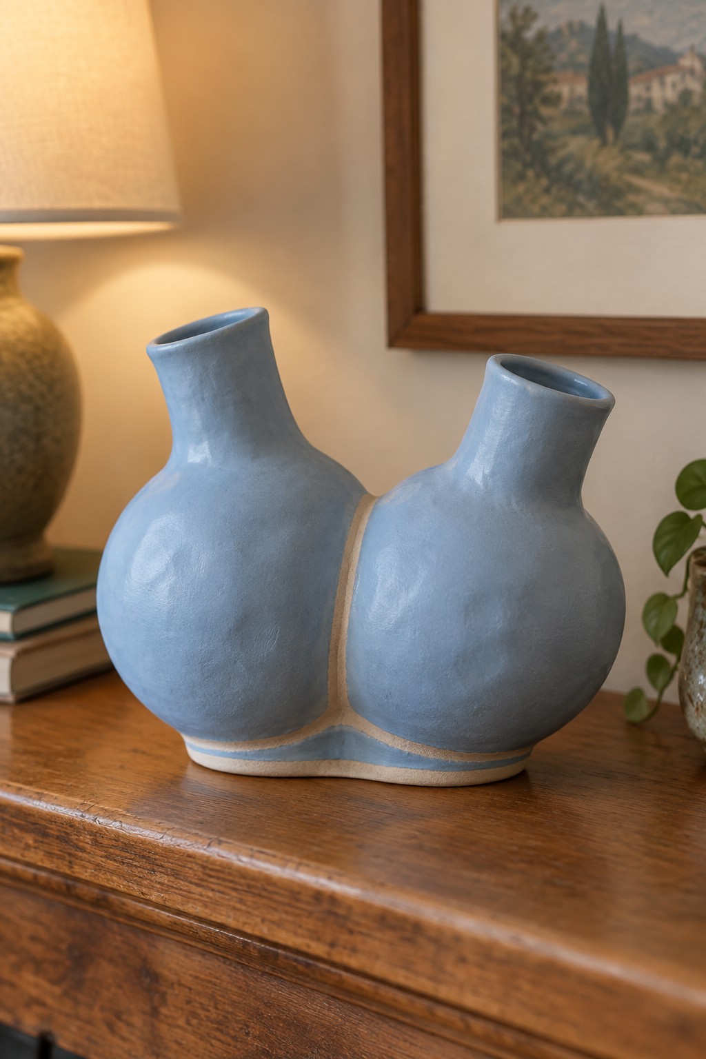 Light blue double-necked ceramic vase on wooden table near lamp and books.