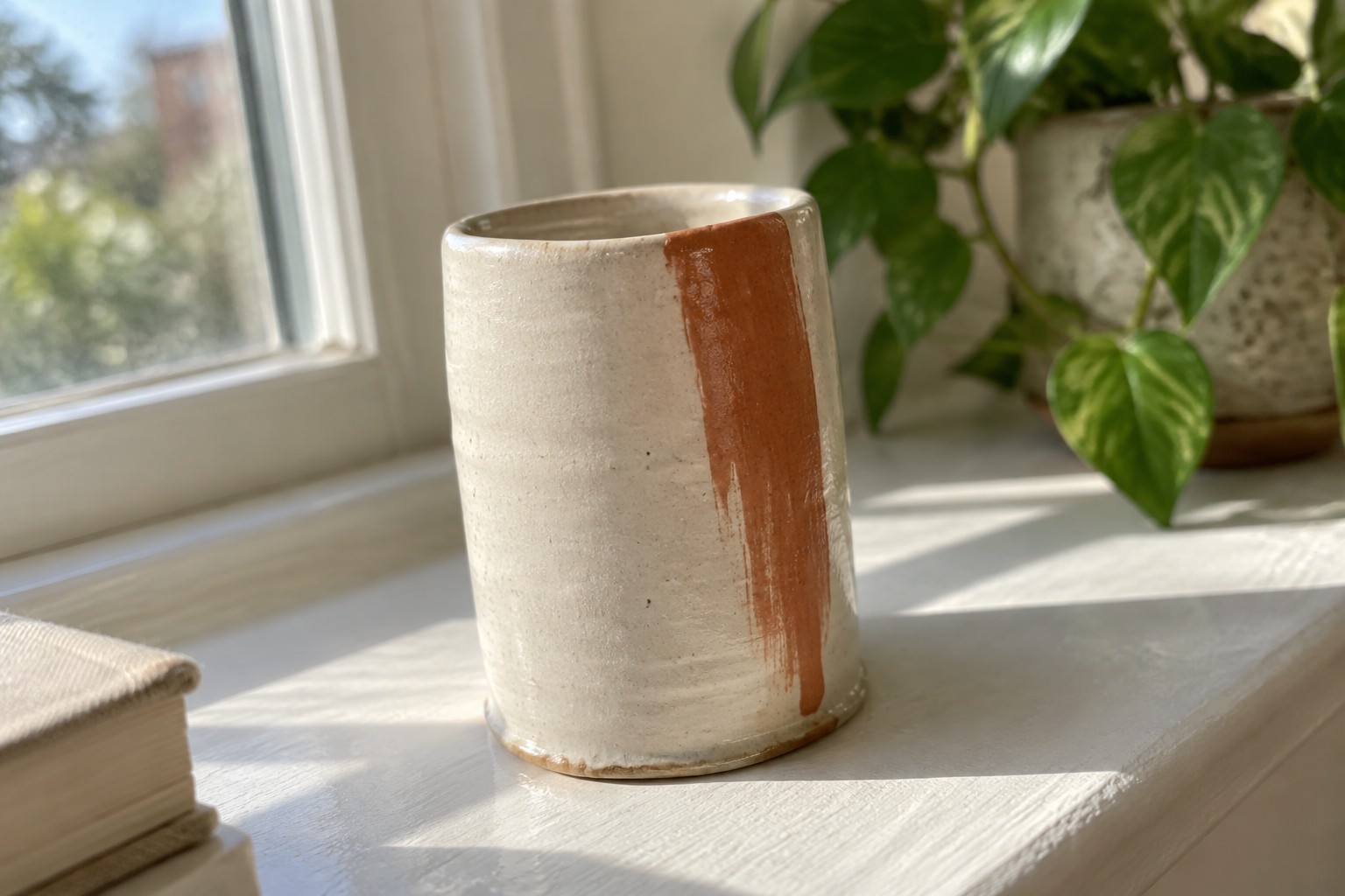 Creamy handmade ceramic pitcher with vertical rust glaze on sunlit white windowsill.