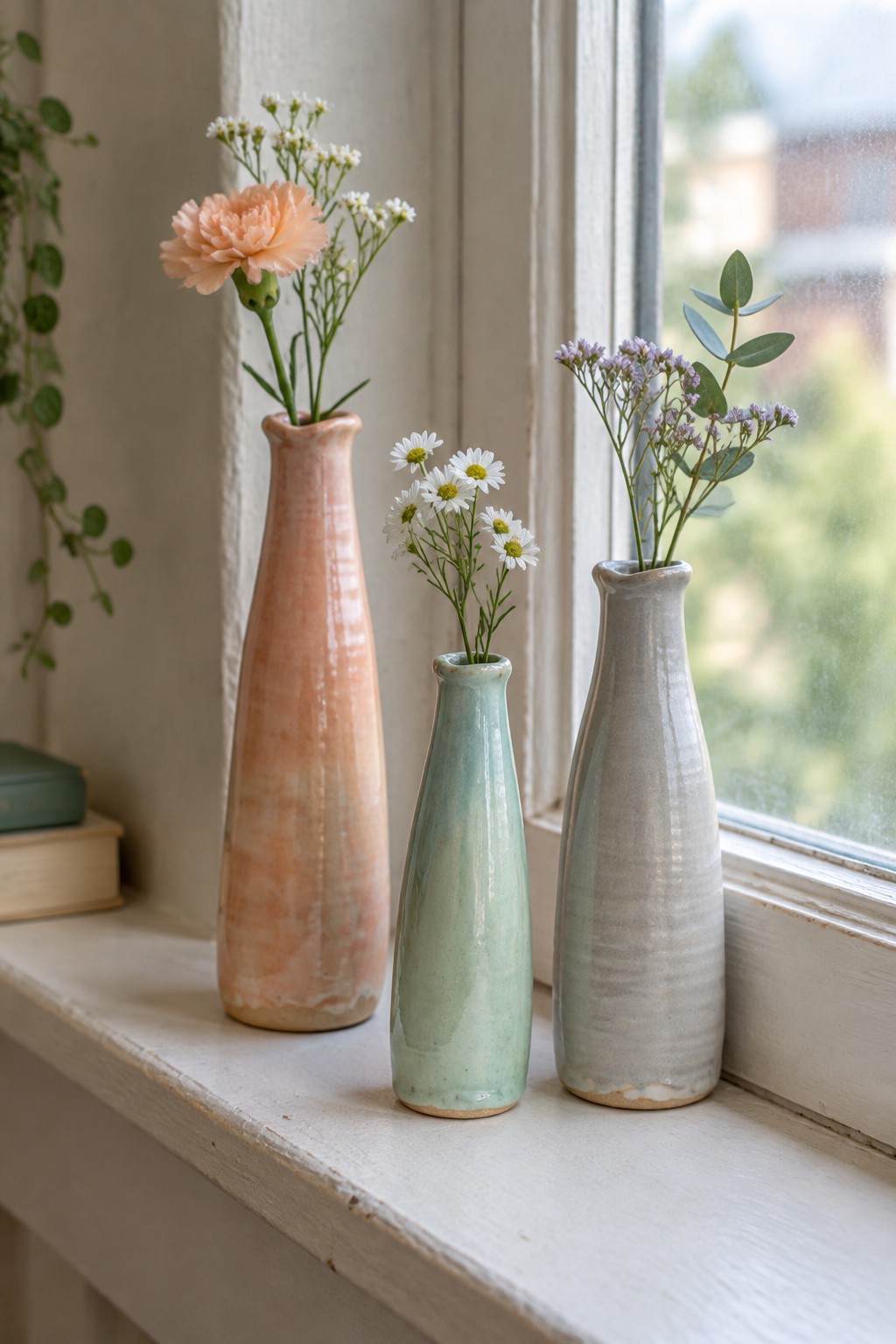 Three ceramic vases in coral, mint, and gray holding flowers on a windowsill