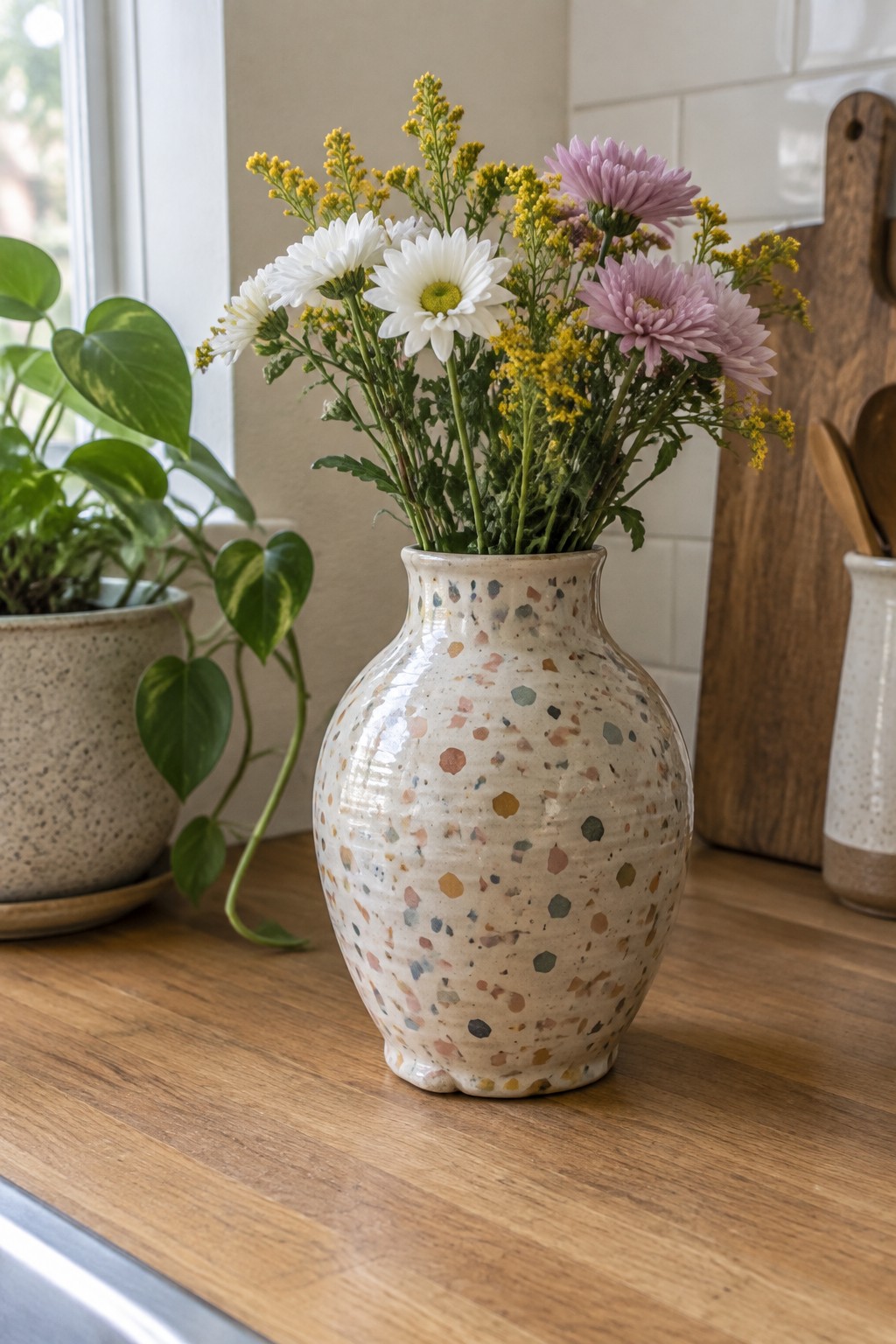 Speckled ceramic vase with white daisies and pink flowers on wooden counter