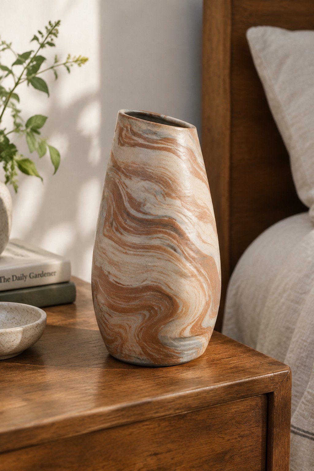Marbled ceramic vase on wooden nightstand beside bed with books and plant