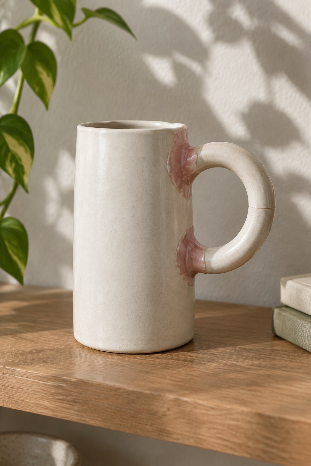 Cream ceramic mug with pink handle accents on wooden table near plant and books