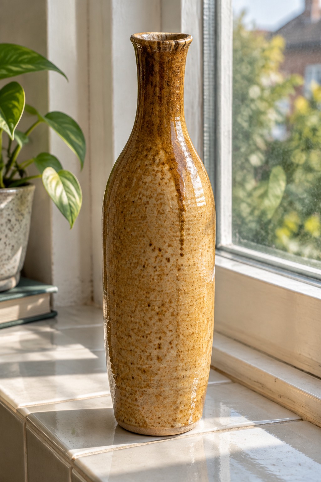 Brown speckled ceramic vase on sunny windowsill beside green potted plant