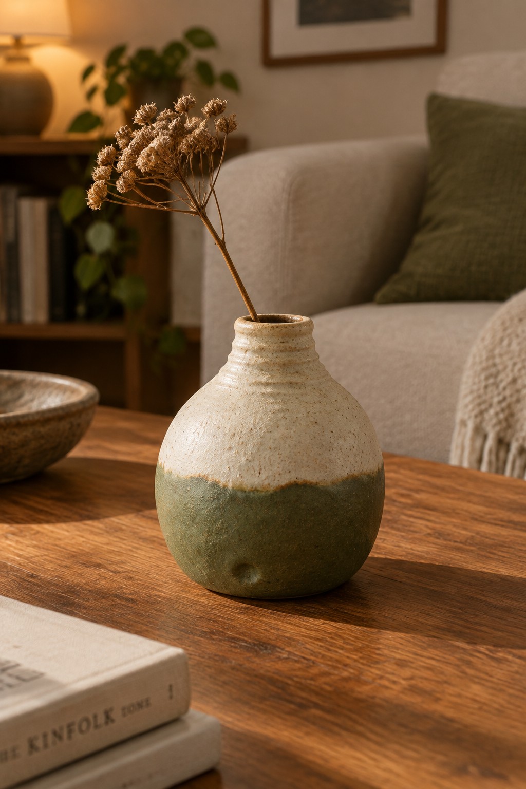 Speckled green and beige ceramic vase with dried flowers on wooden table
