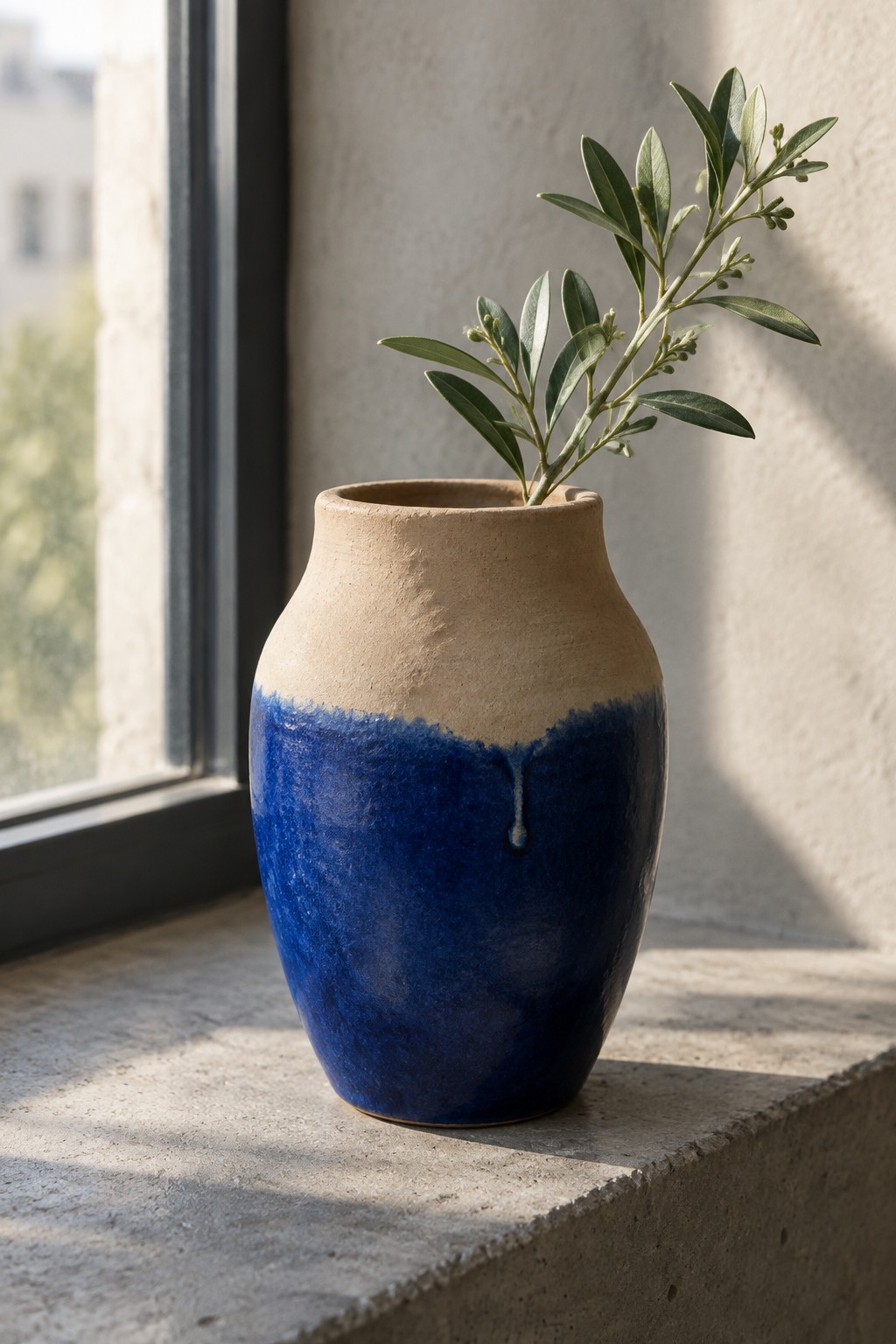 Blue and beige ceramic vase with olive branch on sunlit windowsill.