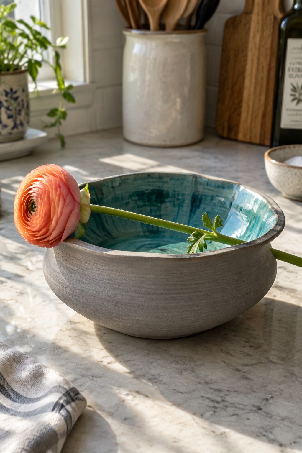 Coral ranunculus flower stem draped over blue ceramic bowl on marble kitchen counter