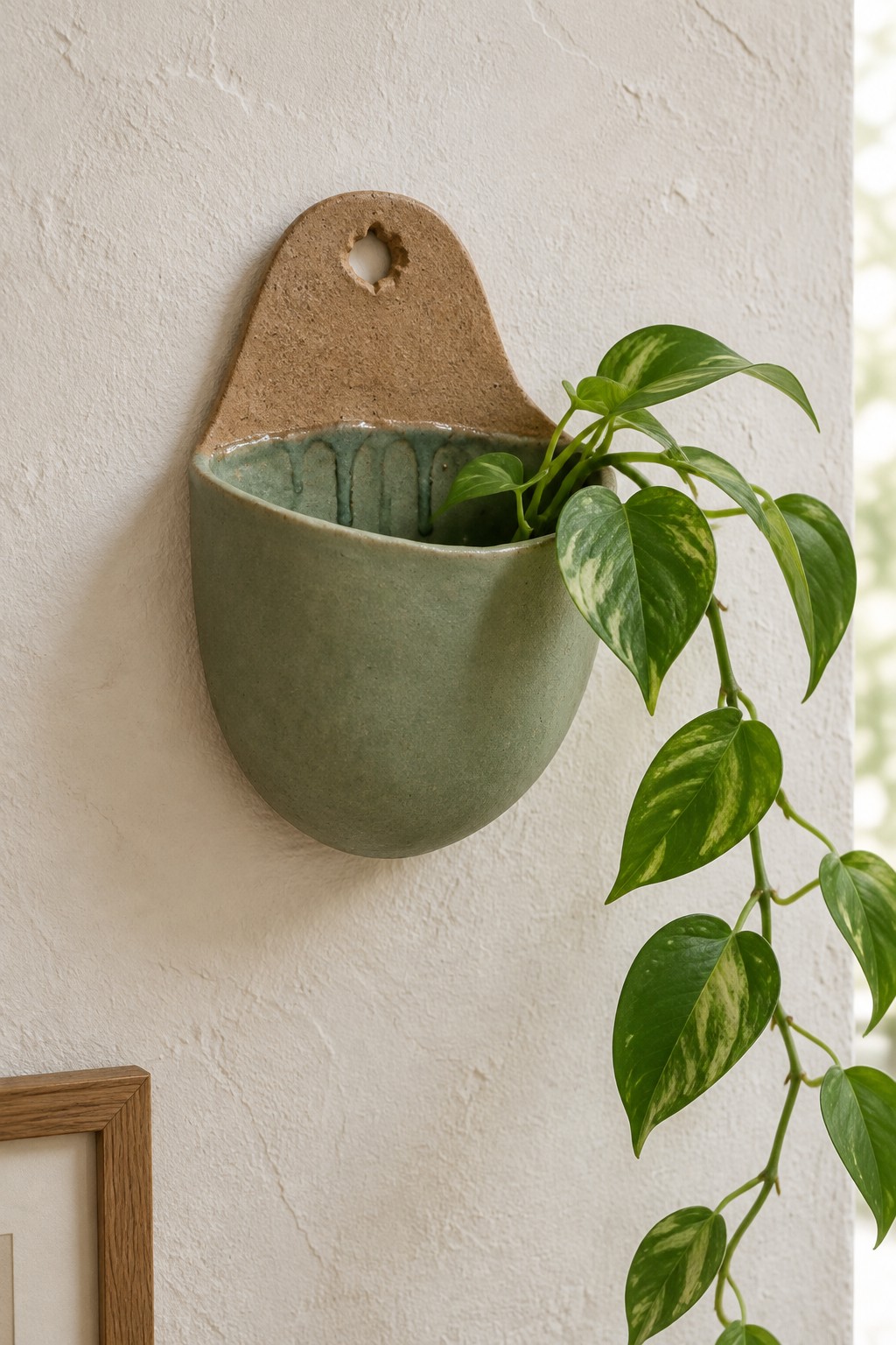 Green ceramic wall planter with trailing variegated pothos on white textured wall