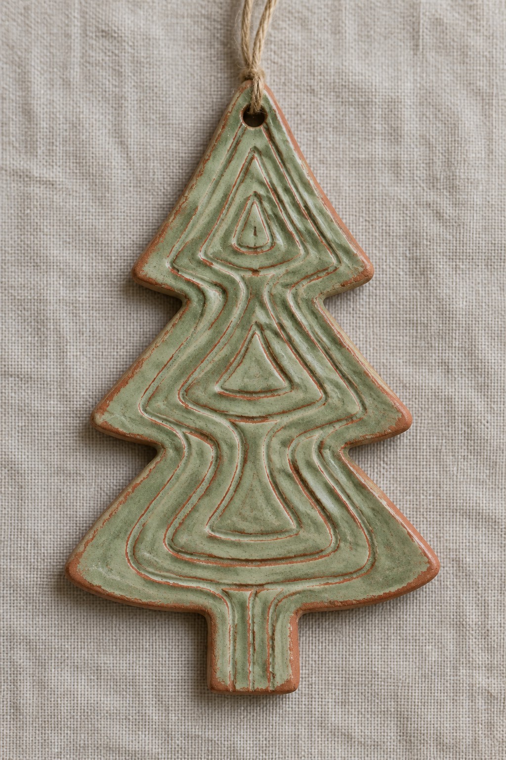 Green glazed ceramic Christmas tree ornament with carved layers on twine hanger