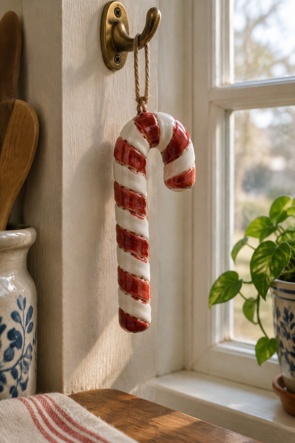Red and white ceramic candy cane hanging from brass hook near window