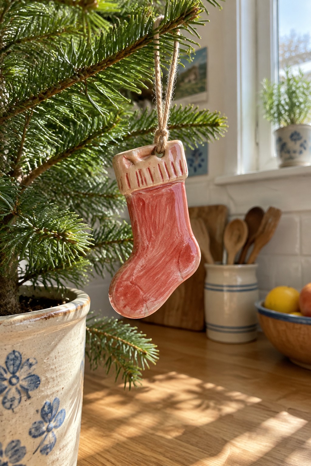 Red ceramic Christmas stocking ornament hanging from small potted evergreen tree in kitchen