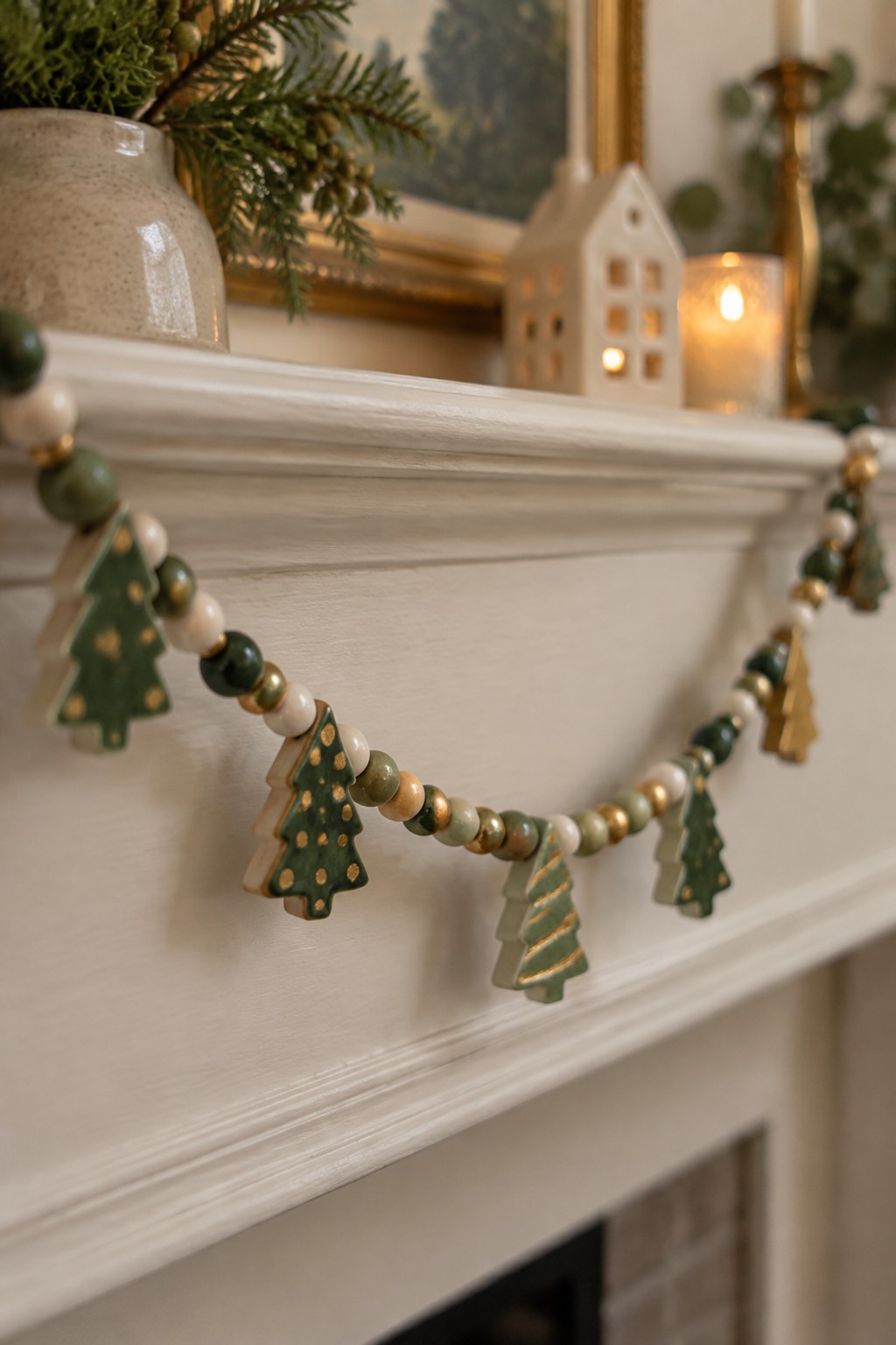 Green and gold Christmas tree garland with beads on white fireplace mantel