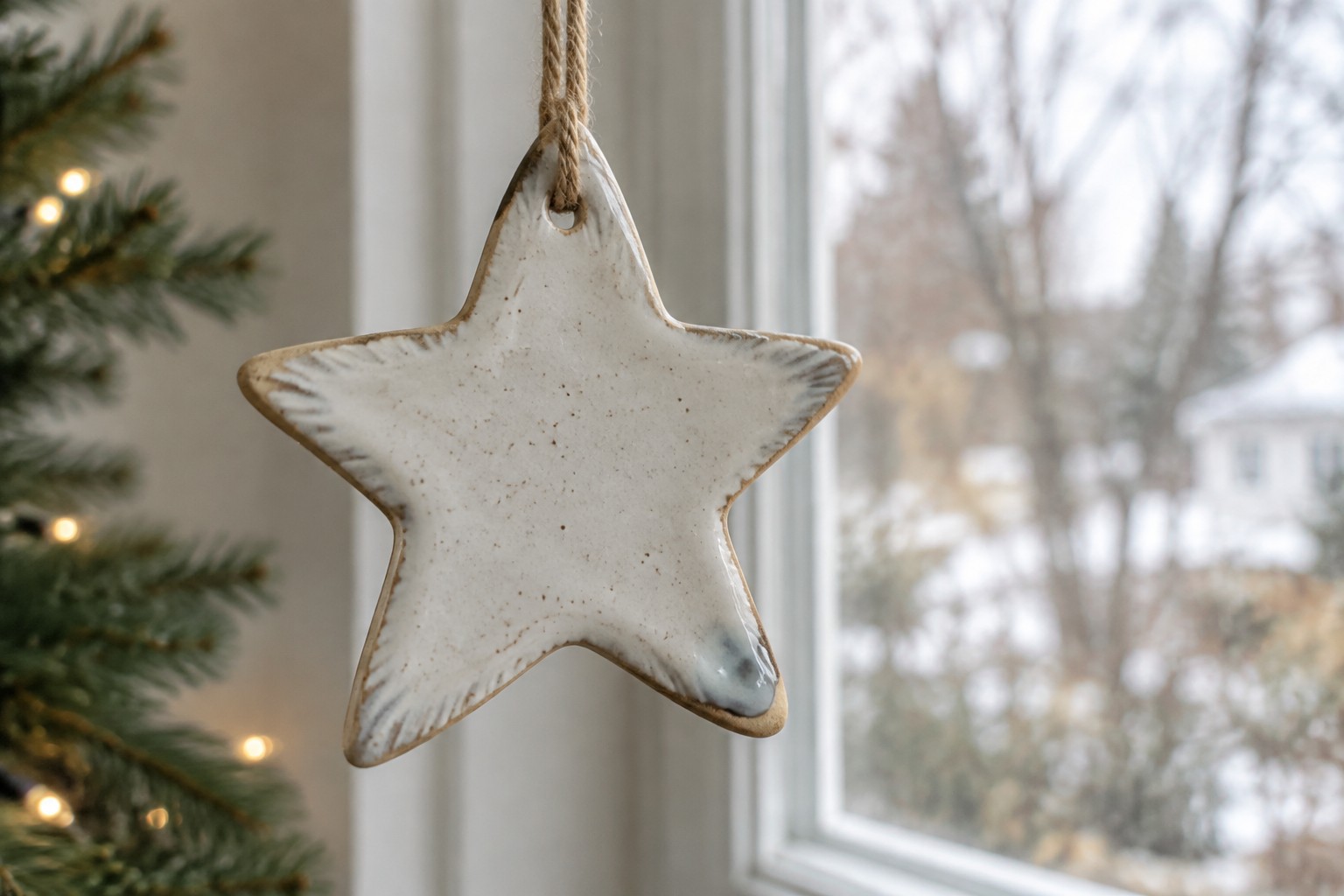 Ceramic star ornament with speckled glaze hanging by twine near window and tree