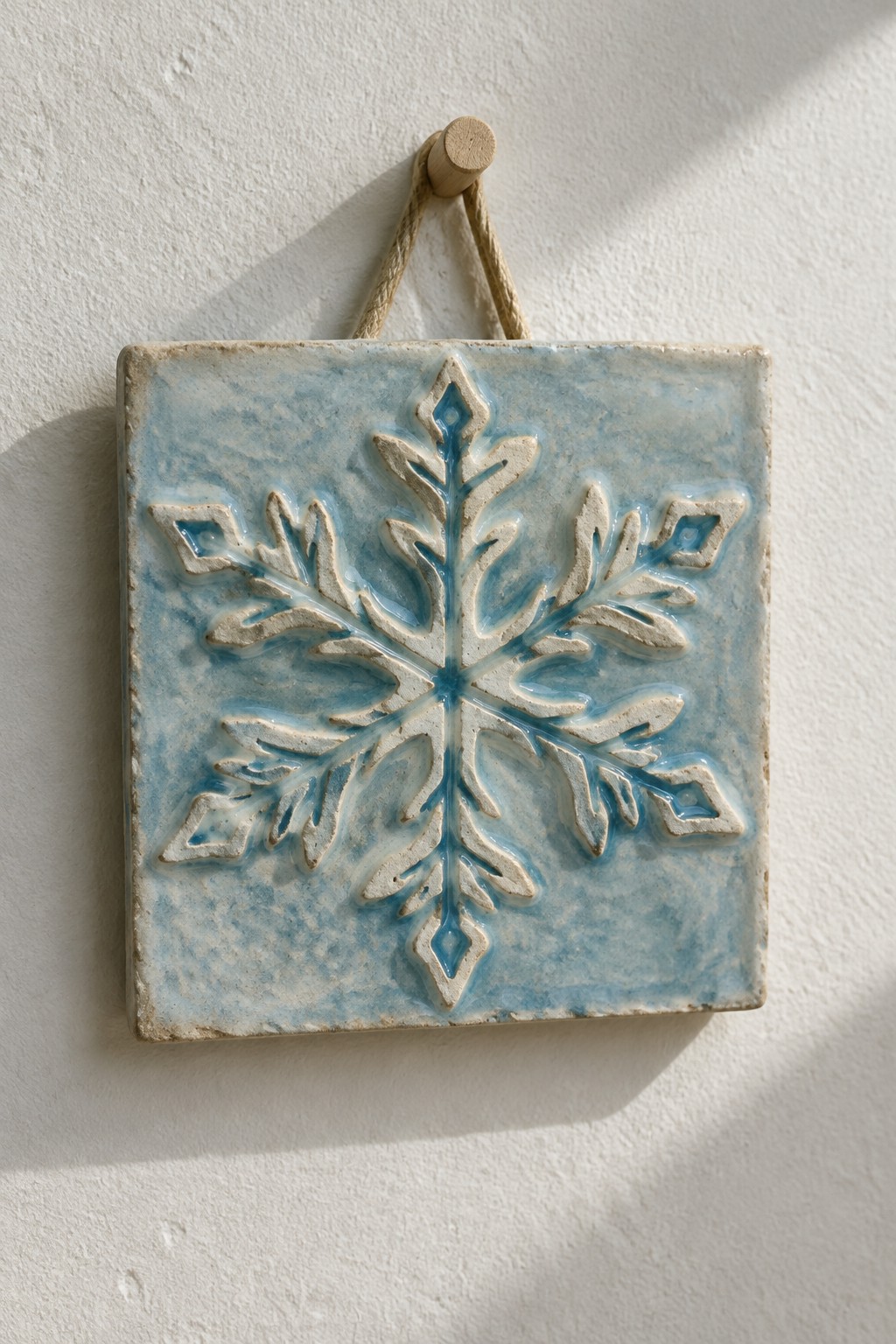 Light blue ceramic tile with raised snowflake hanging from rope on wooden peg