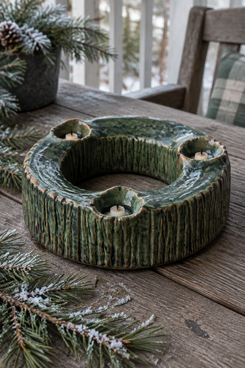 Green ceramic ring candle holder with three lit candles amid snow-dusted pine branches on wood table