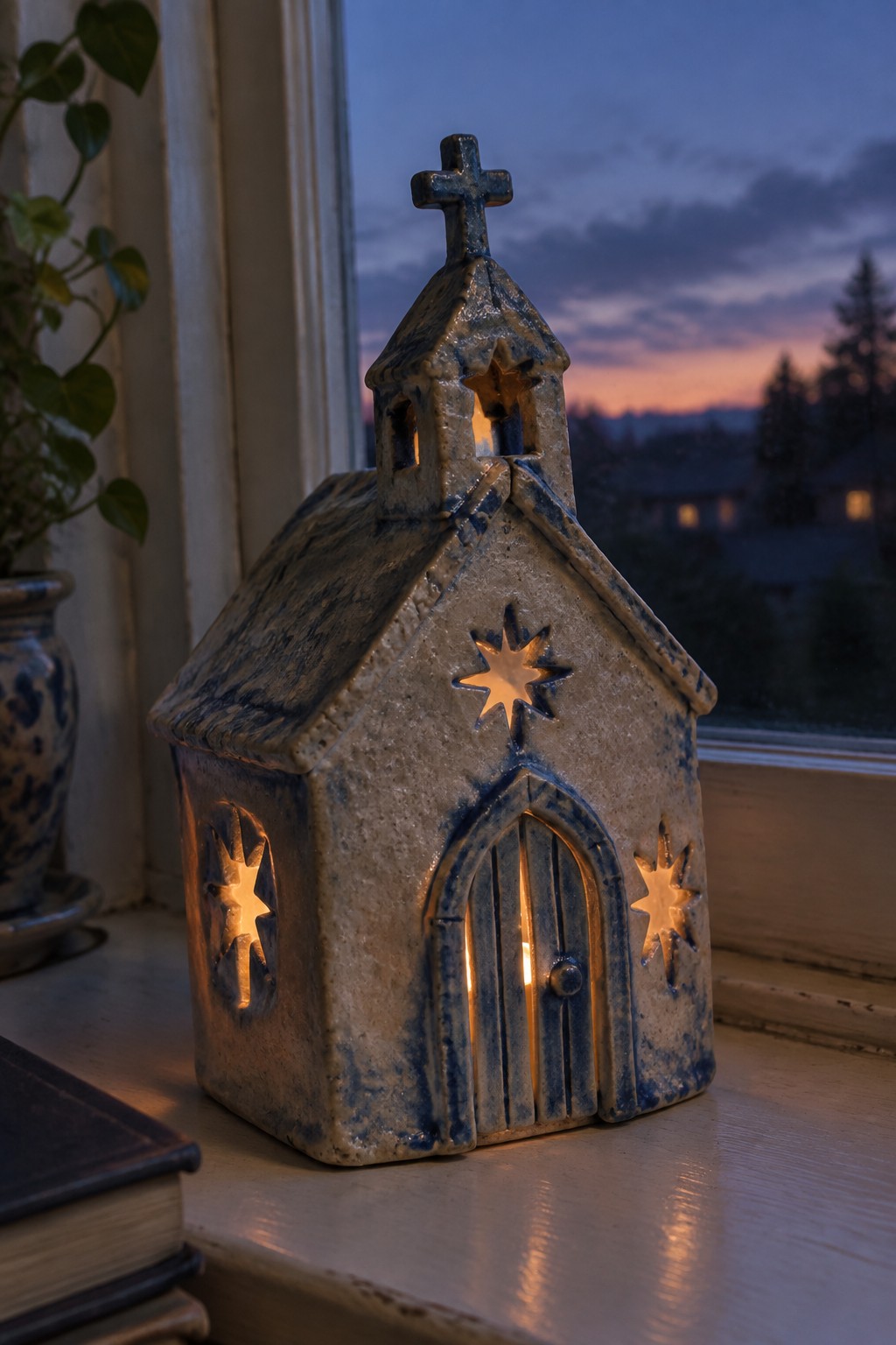 Glowing ceramic church lantern with cross and stars on windowsill at dusk