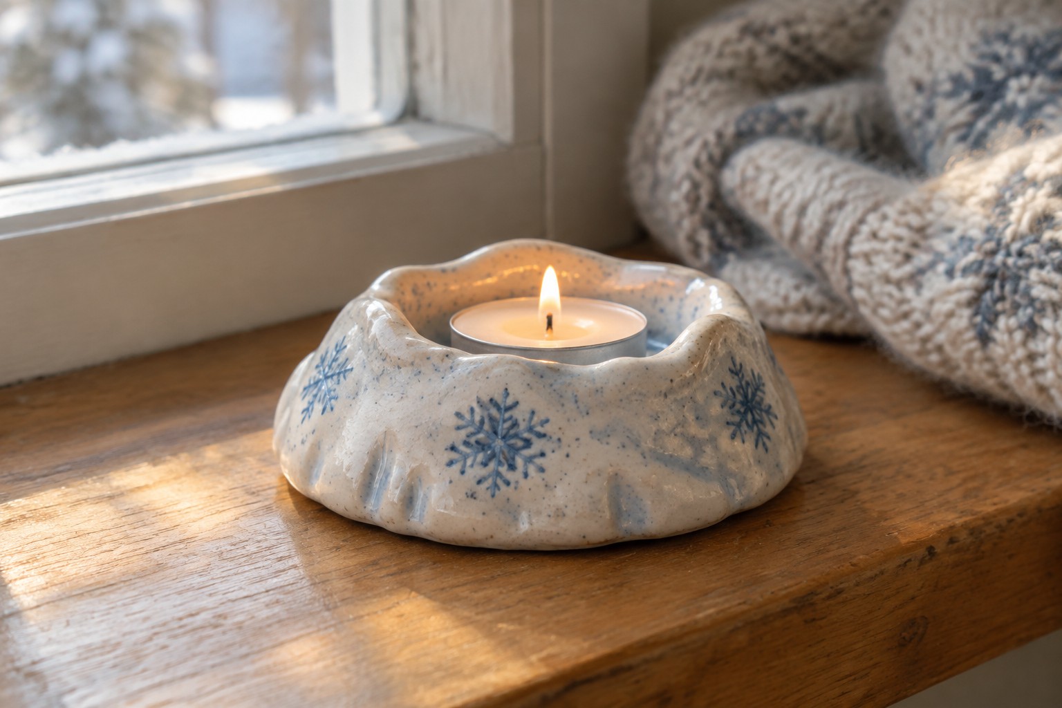 Lit candle in blue snowflake ceramic holder on wooden windowsill with knit blanket