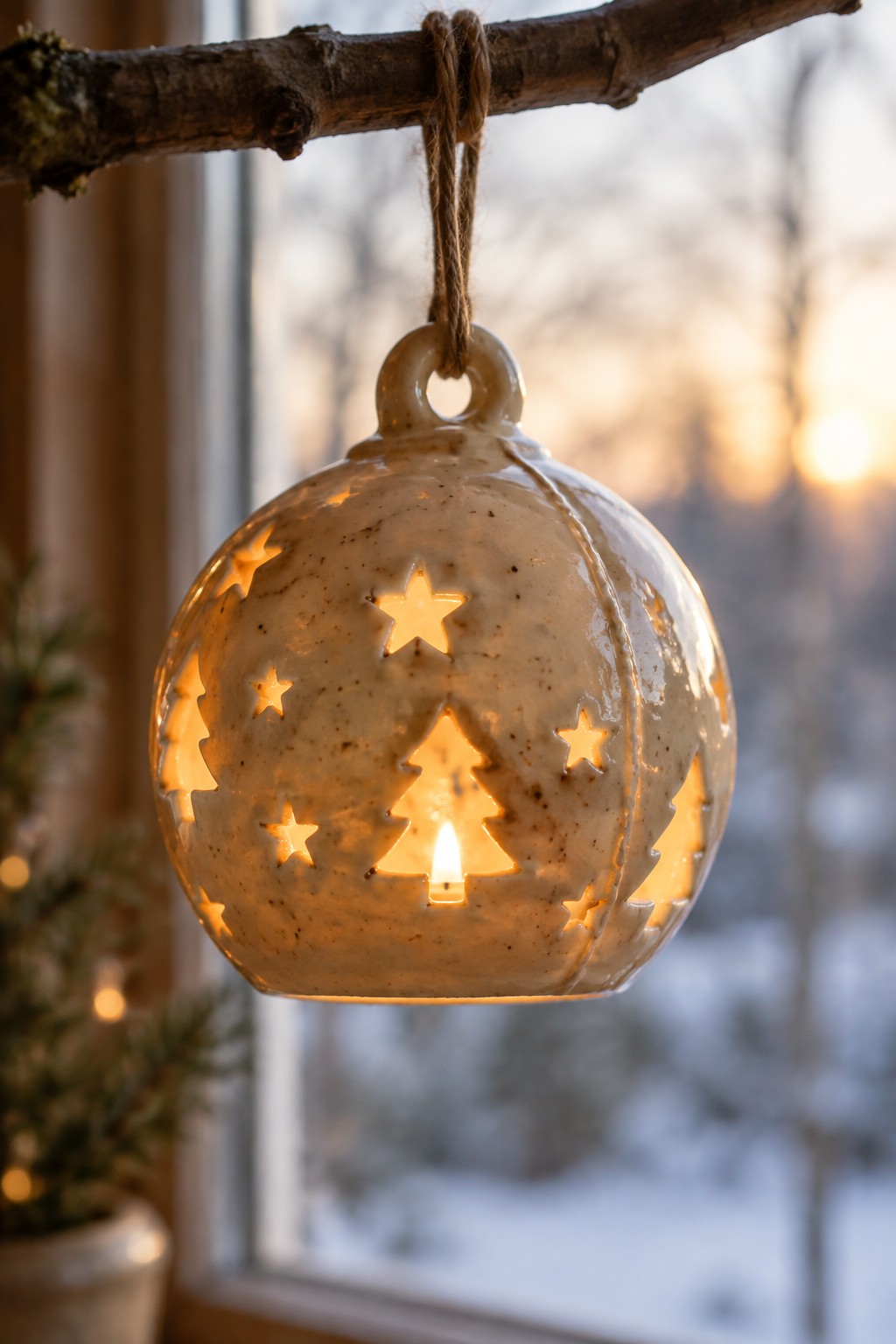 Hanging ceramic ornament with star and tree cutouts glowing warmly from within